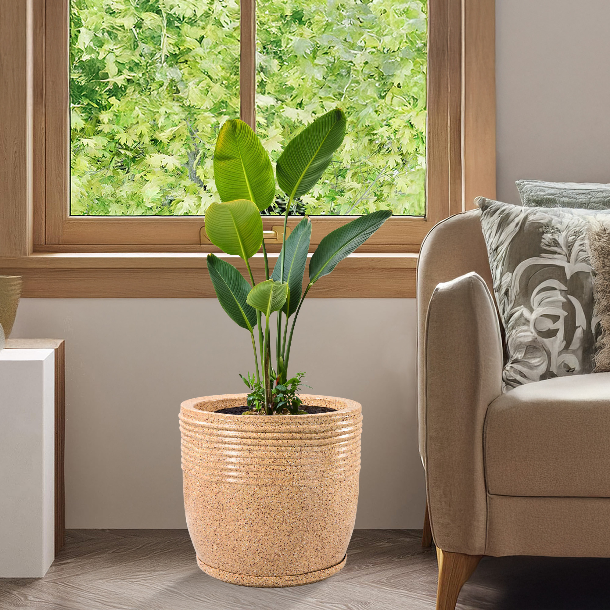 Kuber Industries 15-Inch Roto Mould German Polymer Extra Large Big Size Flower Pot  IndoorOutdoor Tree Gamla Planter for Living Room Resorts Hotels Terrace  Garden  Marble Sunshine - Sand