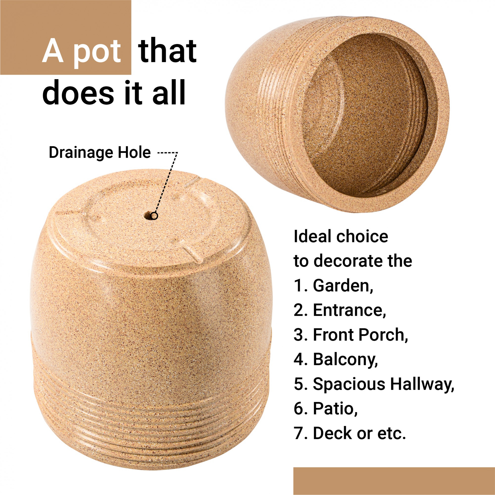 Kuber Industries 15-Inch Roto Mould German Polymer Extra Large Big Size Flower Pot  IndoorOutdoor Tree Gamla Planter for Living Room Resorts Hotels Terrace  Garden  Marble Sunshine - Sand