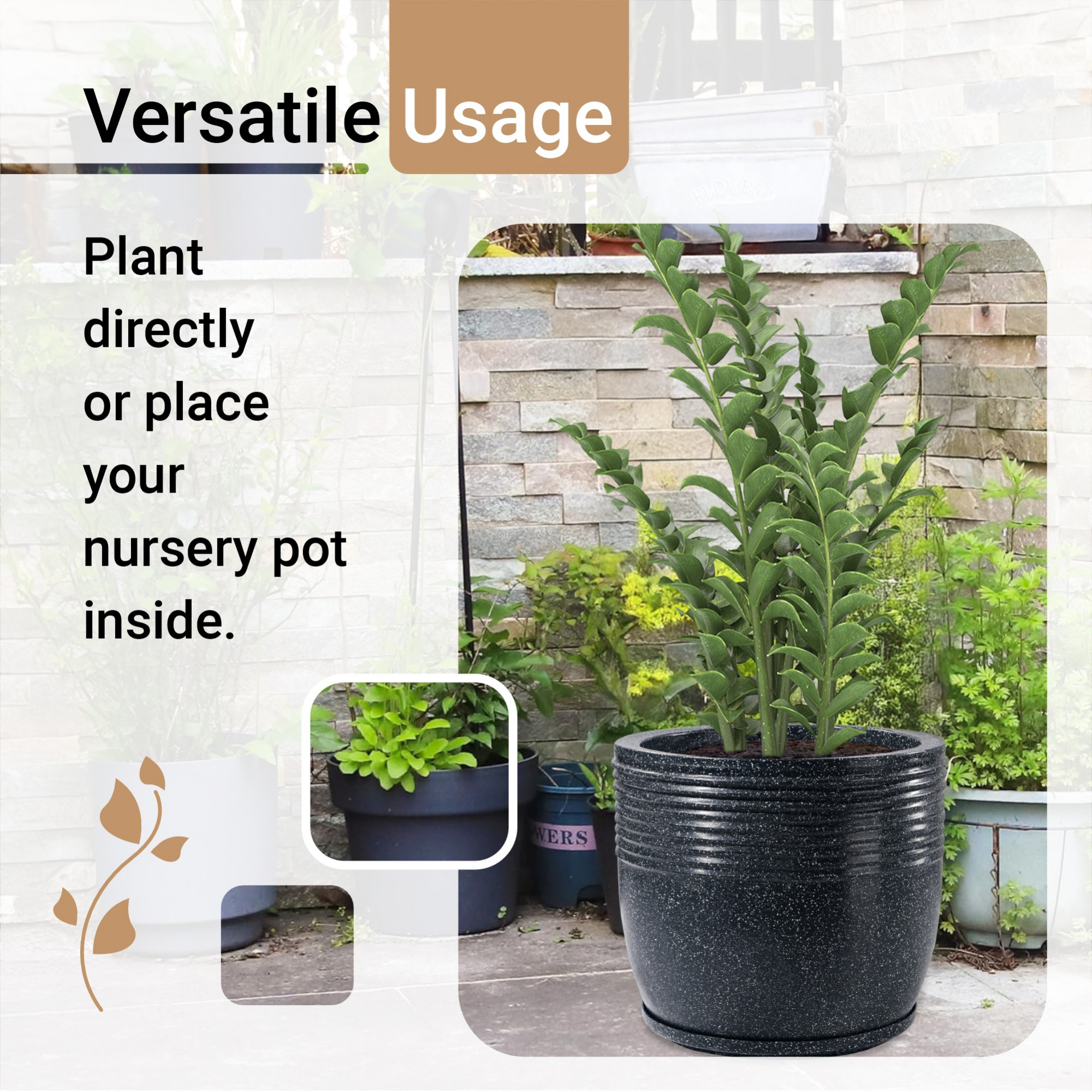 Kuber Industries 15-Inch Roto Mould German Polymer Extra Large Big Size Flower Pot  IndoorOutdoor Tree Gamla Planter for Living Room Resorts Hotels Terrace  Garden  Marble Sunshine - Black