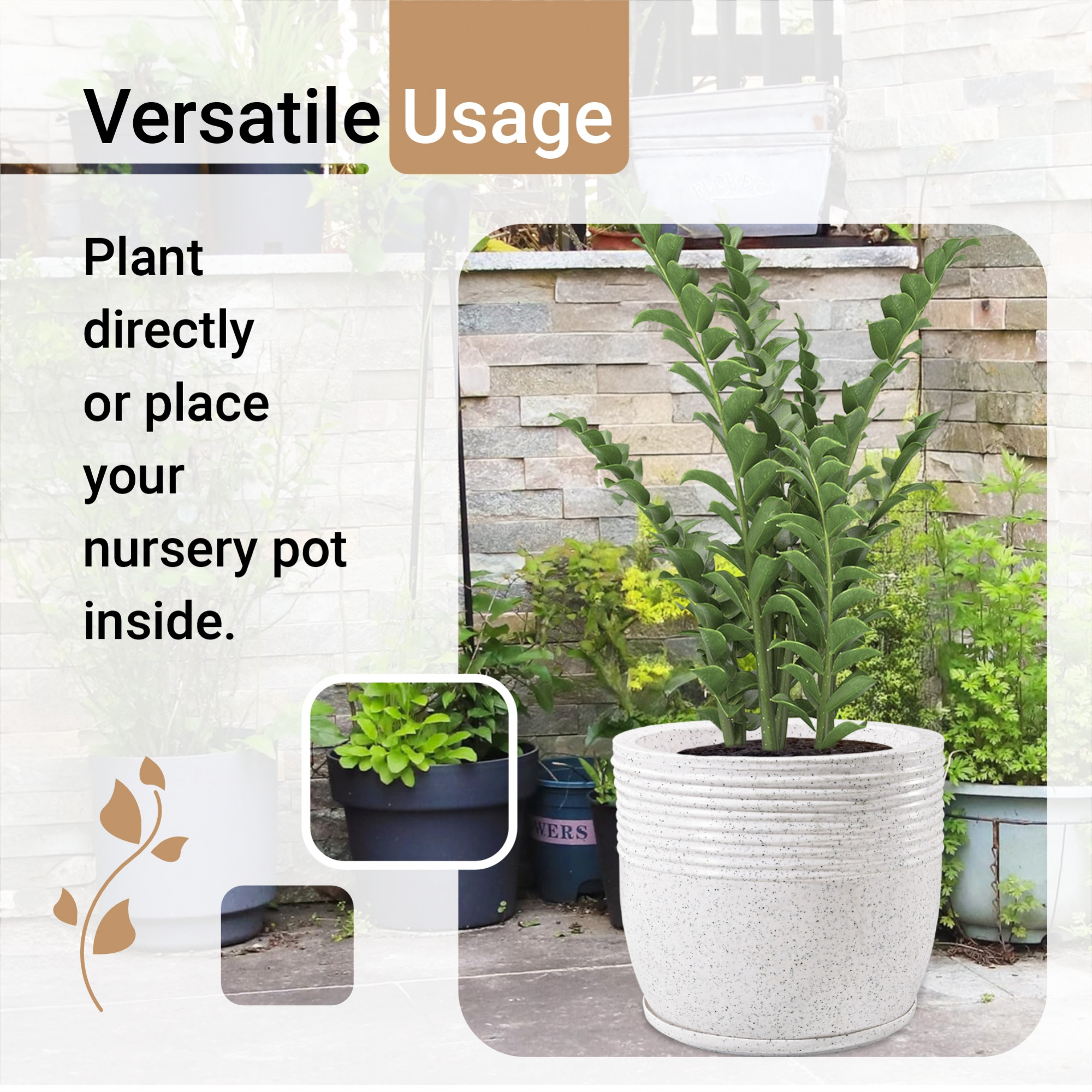 Kuber Industries 15-Inch Roto Mould German Polymer Extra Large Big Size Flower Pot  IndoorOutdoor Tree Gamla Planter for Living Room Resorts Hotels Terrace  Garden  Marble Sunshine - White