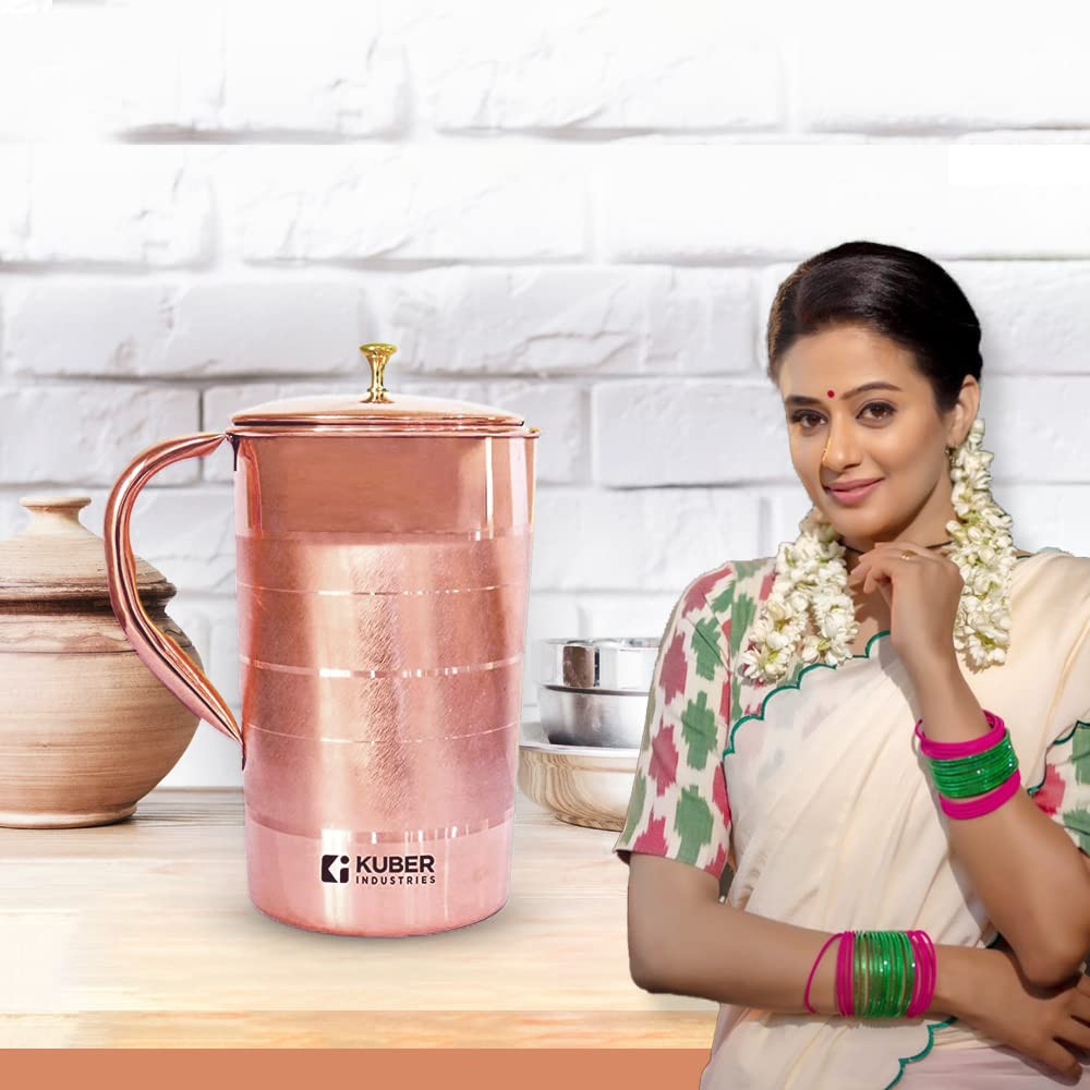 Kuber Industries 1500ml Copper Jug with Lid  BPA Free Non Toxic Copper  Rustproof Durable Lightweight  with Added Health Benefits of Copper  Ergonomic Design Easy to Clean  15 L