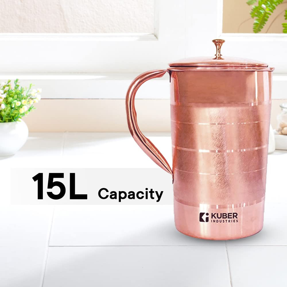 Kuber Industries 1500ml Copper Jug with Lid  BPA Free Non Toxic Copper  Rustproof Durable Lightweight  with Added Health Benefits of Copper  Ergonomic Design Easy to Clean  15 L