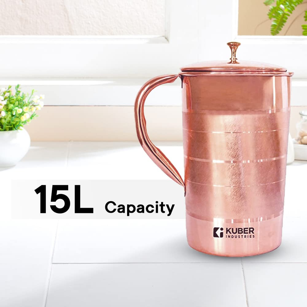 Kuber Industries 1500ml Copper Jug with Lid | BPA Free, Non Toxic, Copper | Rustproof, Durable, Lightweight | with Added Health Benefits of Copper | Ergonomic Design, Easy to Clean | 1.5 L