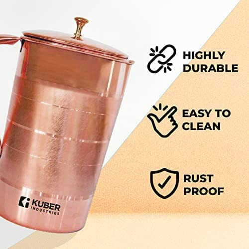 Kuber Industries 1500ml Copper Jug with Lid  BPA Free Non Toxic Copper  Rustproof Durable Lightweight  with Added Health Benefits of Copper  Ergonomic Design Easy to Clean  15 L