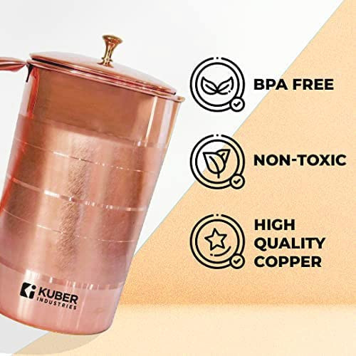Kuber Industries 1500ml Copper Jug with Lid  BPA Free Non Toxic Copper  Rustproof Durable Lightweight  with Added Health Benefits of Copper  Ergonomic Design Easy to Clean  15 L