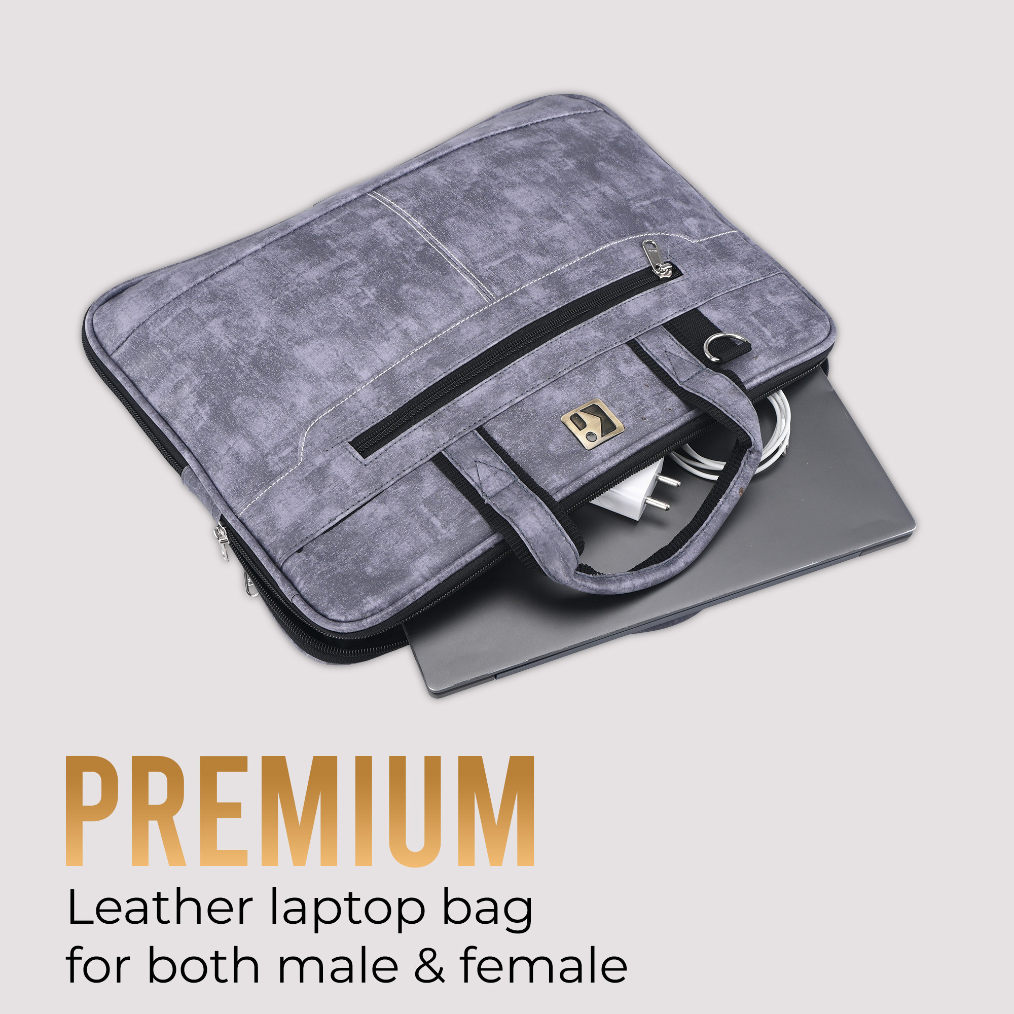 Kuber Industries 156 Inch Premium Leather Office Laptop Bag for Men and Women  Professional Laptop Carry Bag for Corporate Use  Adjustable Strap with2Compartments  Sandstone Grey