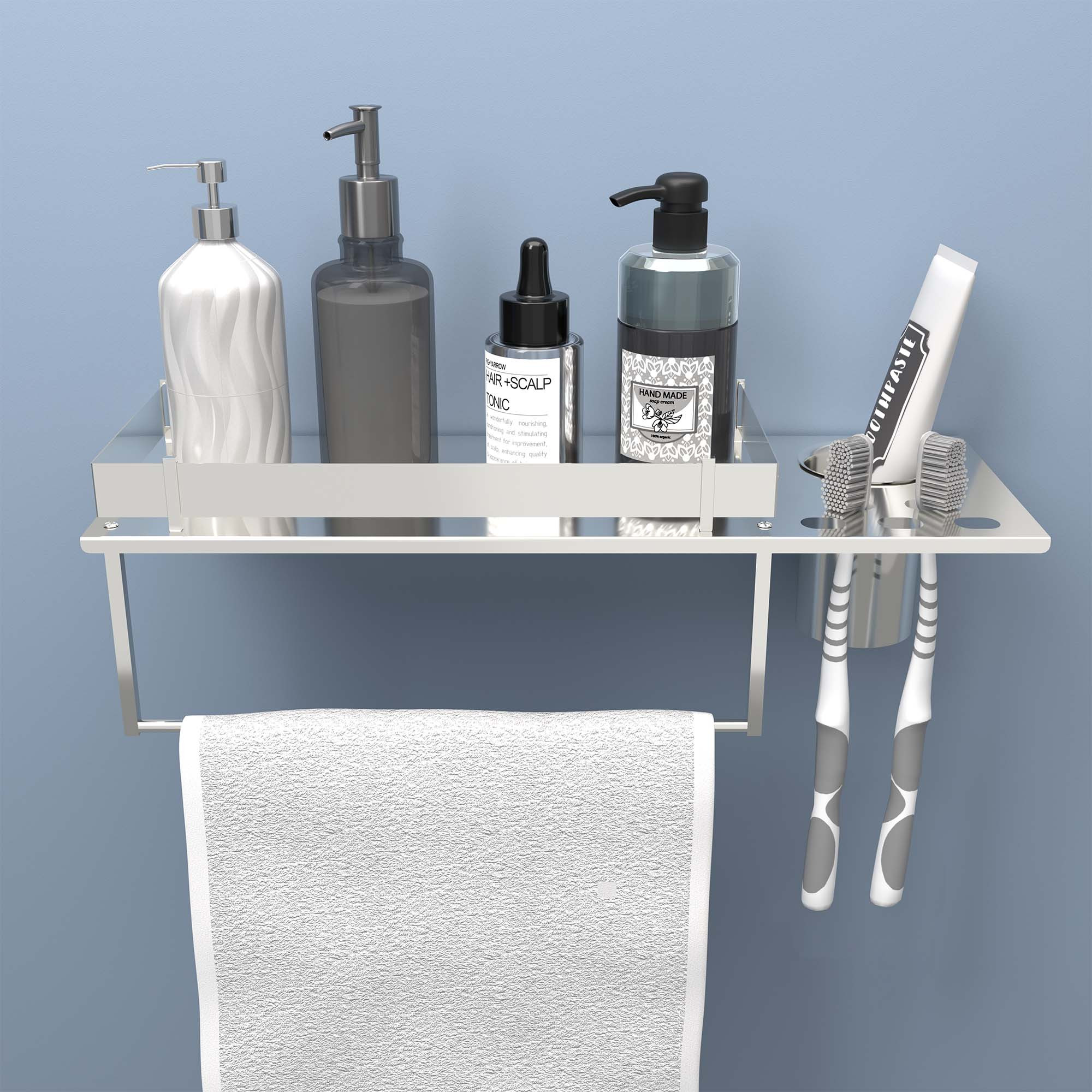 Kuber Industries 15x5 Inch 3-in-1 Multi-Use Bathroom Shelf for Wall with Towel  Toothbrush Holders  Stainless Steel Wall Shelf for Bathroom - Ideal for Shower Essentials  Silver Chrome