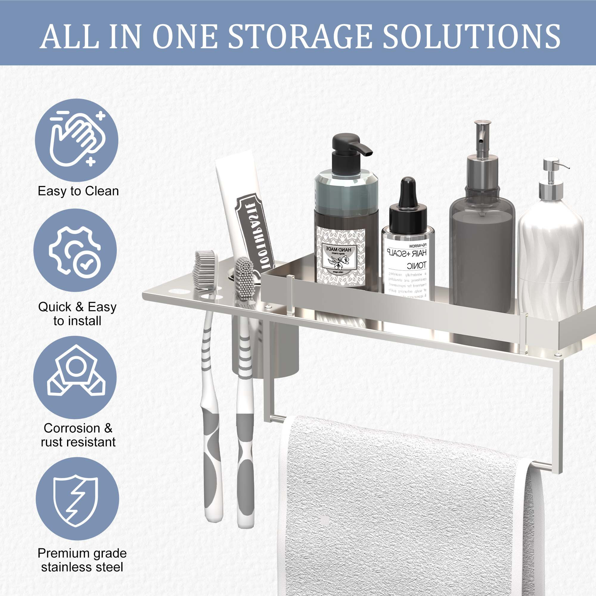 Kuber Industries 15x5 Inch 3-in-1 Multi-Use Bathroom Shelf for Wall with Towel  Toothbrush Holders  Stainless Steel Wall Shelf for Bathroom - Ideal for Shower Essentials  Silver Chrome