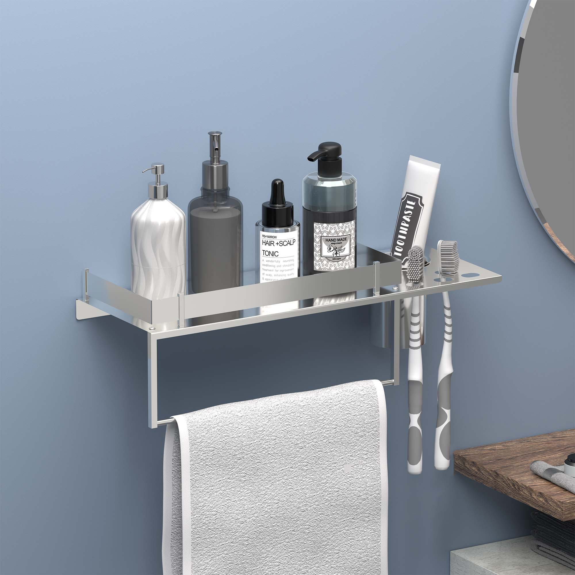 Kuber Industries 15x5 Inch 3-in-1 Multi-Use Bathroom Shelf for Wall with Towel  Toothbrush Holders  Stainless Steel Wall Shelf for Bathroom - Ideal for Shower Essentials  Silver Chrome