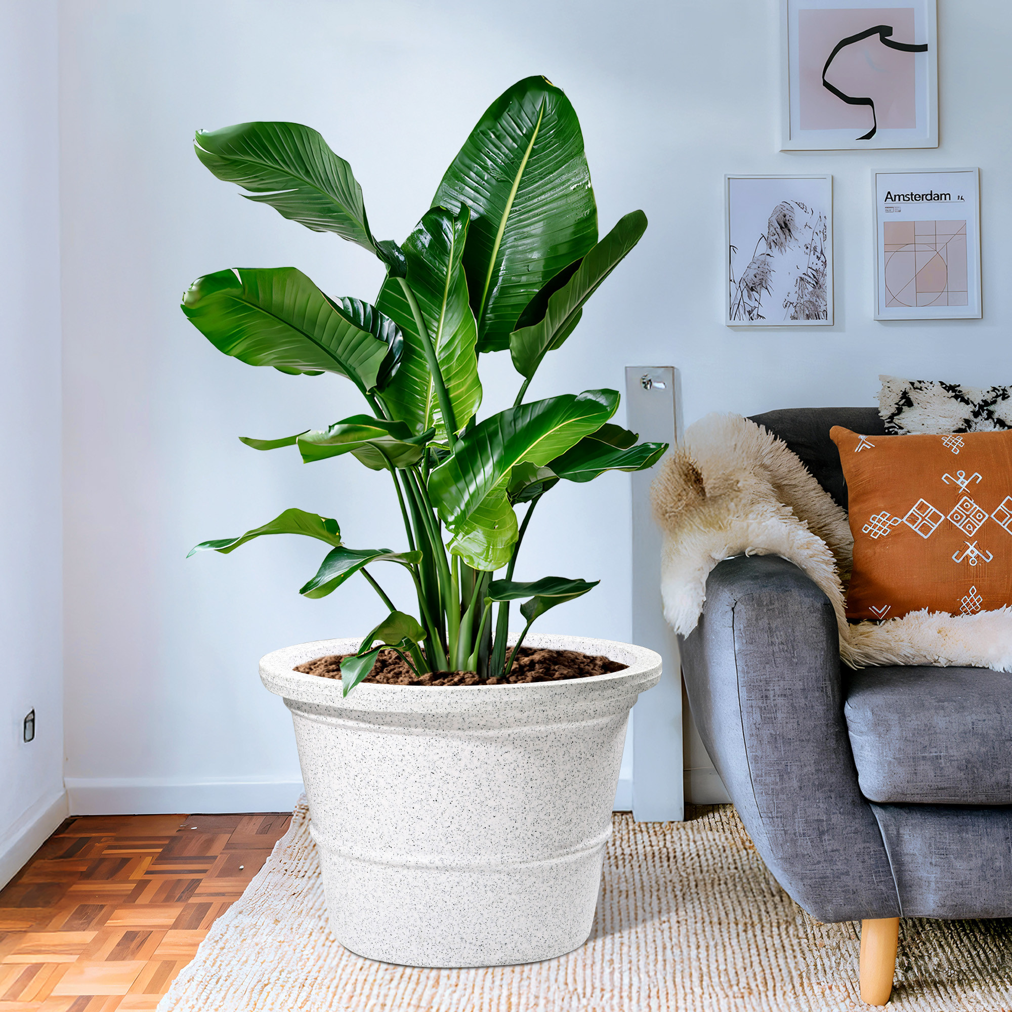 Kuber Industries 16-Inch Roto Mould German Polymer Extra Large Big Size Flower Pot  IndoorOutdoor Tree Gamla Planter for Living Room Resorts Hotels Terrace  Garden  Marble Victoria - White