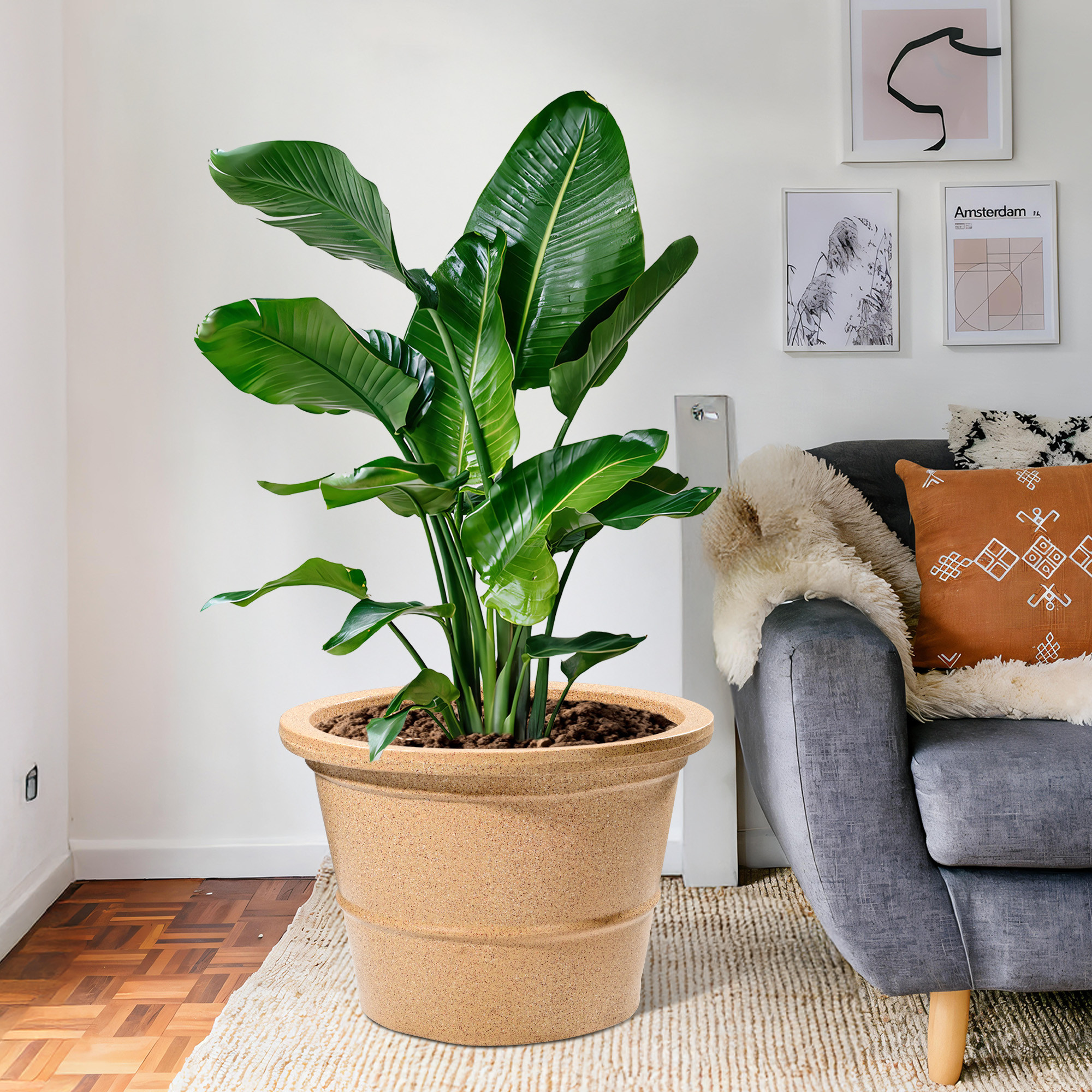 Kuber Industries 16-Inch Roto Mould German Polymer Extra Large Big Size Flower Pot  IndoorOutdoor Tree Gamla Planter for Living Room Resorts Hotels Terrace  Garden  Marble Victoria - Sand