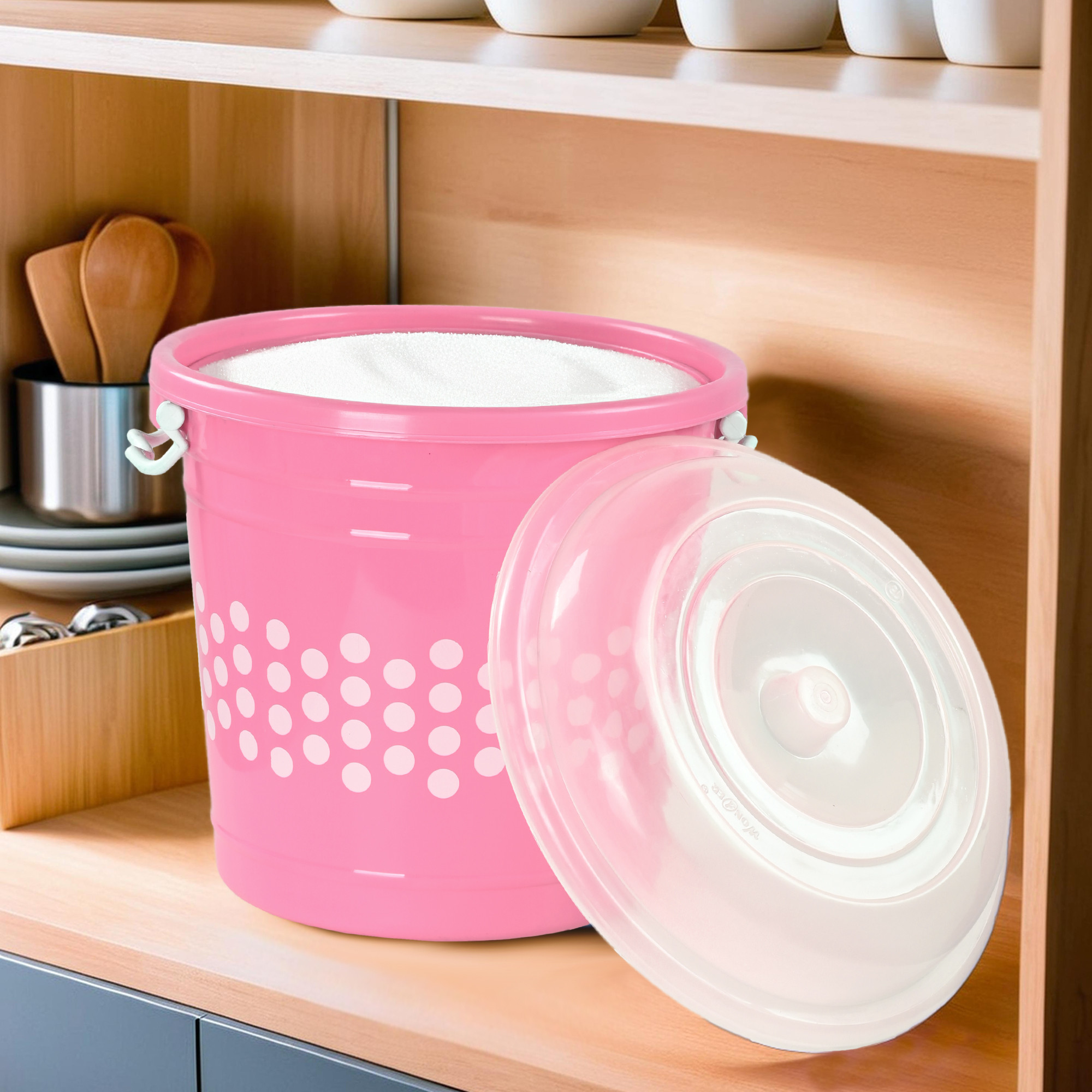 Kuber Industries 16 Liter Durable Big Plastic Containers for Storage with Lid  Lock Handle  Grocery Storage Box for Grains Rice Flour Pulses  Kitchen Essentials  Polka Dot - Pink