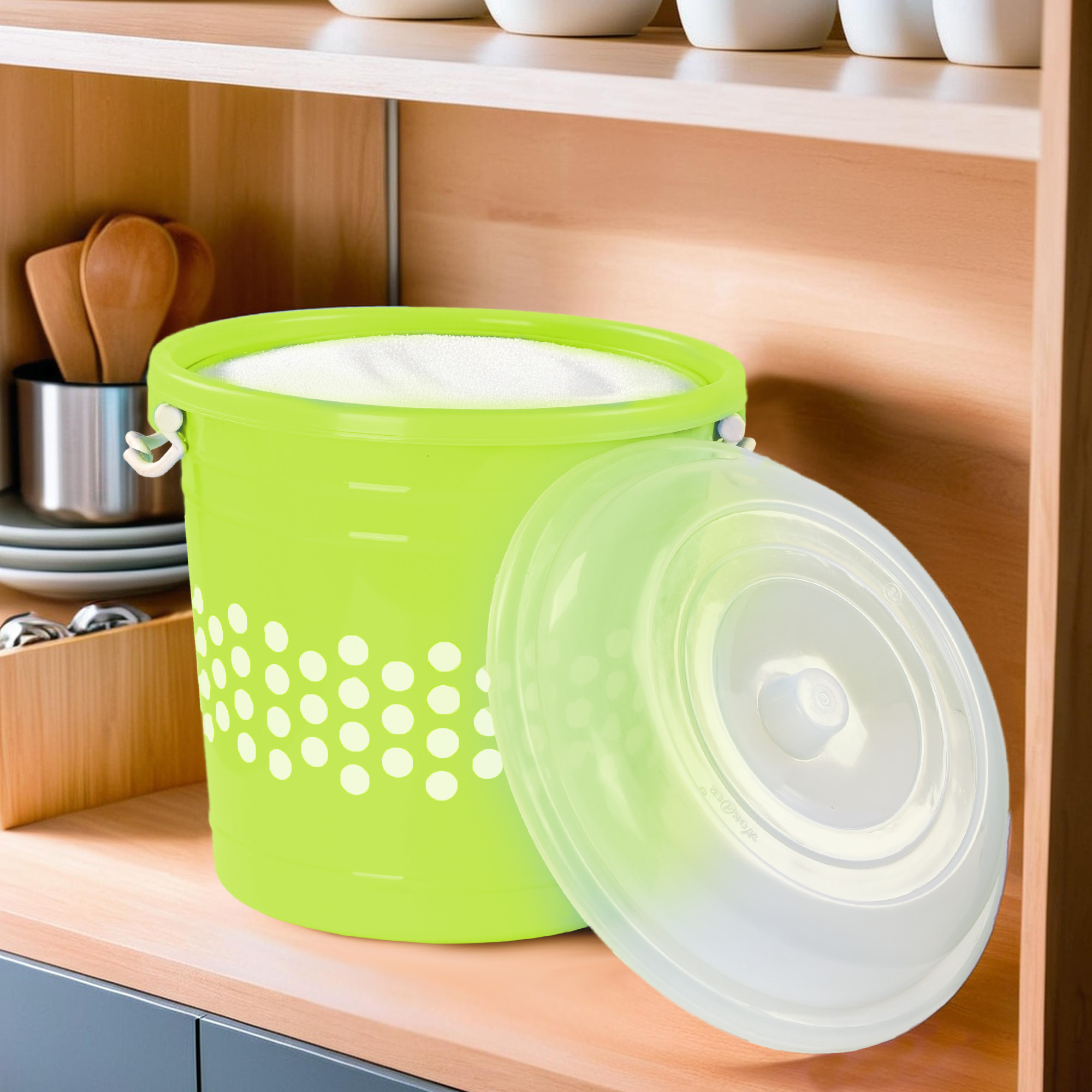 Kuber Industries 16 Liter Durable Big Plastic Containers for Storage with Lid  Lock Handle  Grocery Storage Box for Grains Rice Flour Pulses  Kitchen Essentials  Polka Dot - Green