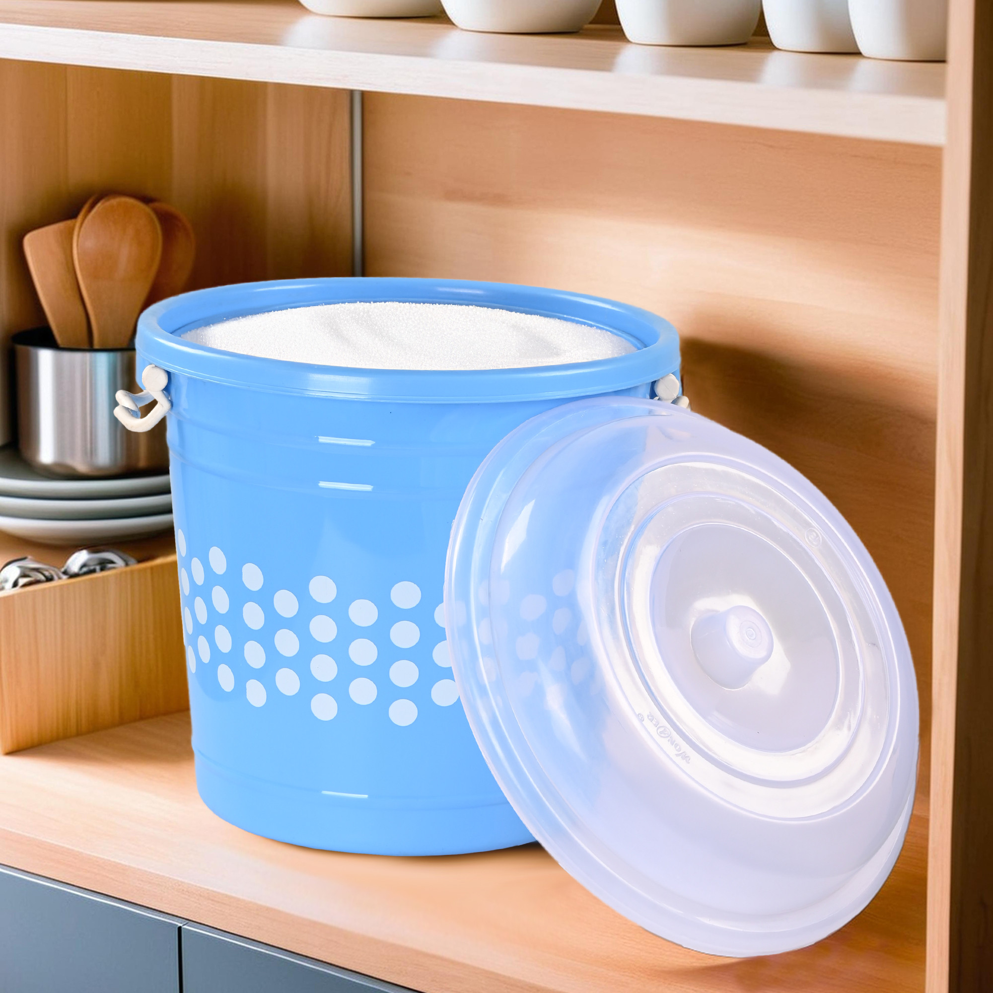 Kuber Industries 16 Liter Durable Big Plastic Containers for Storage with Lid  Lock Handle  Grocery Storage Box for Grains Rice Flour Pulses  Kitchen Essentials  Polka Dot - Blue