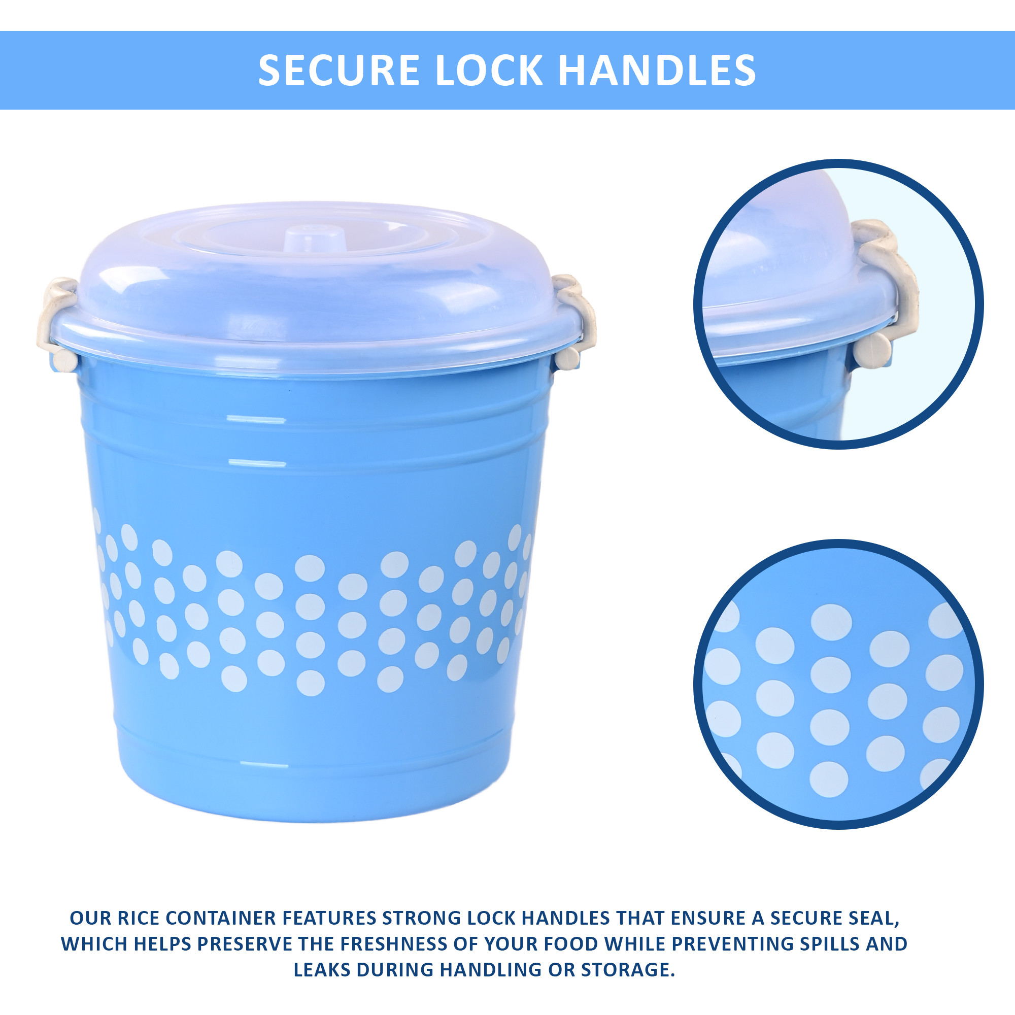 Kuber Industries 16 Liter Durable Big Plastic Containers for Storage with Lid  Lock Handle  Grocery Storage Box for Grains Rice Flour Pulses  Kitchen Essentials  Polka Dot - Blue