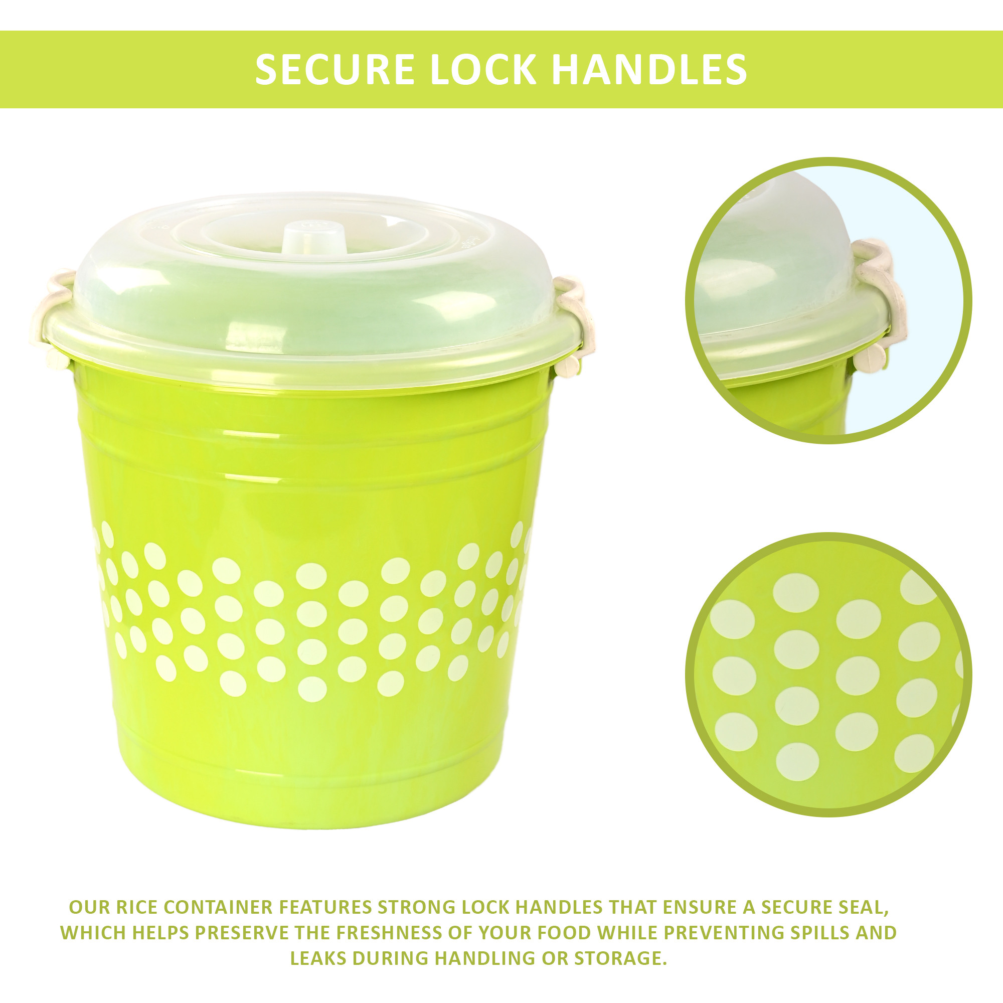 Kuber Industries 16 Liter Durable Big Plastic Containers for Storage with Lid  Lock Handle  Grocery Storage Box for Grains Rice Flour Pulses  Kitchen Essentials  Polka Dot - Green