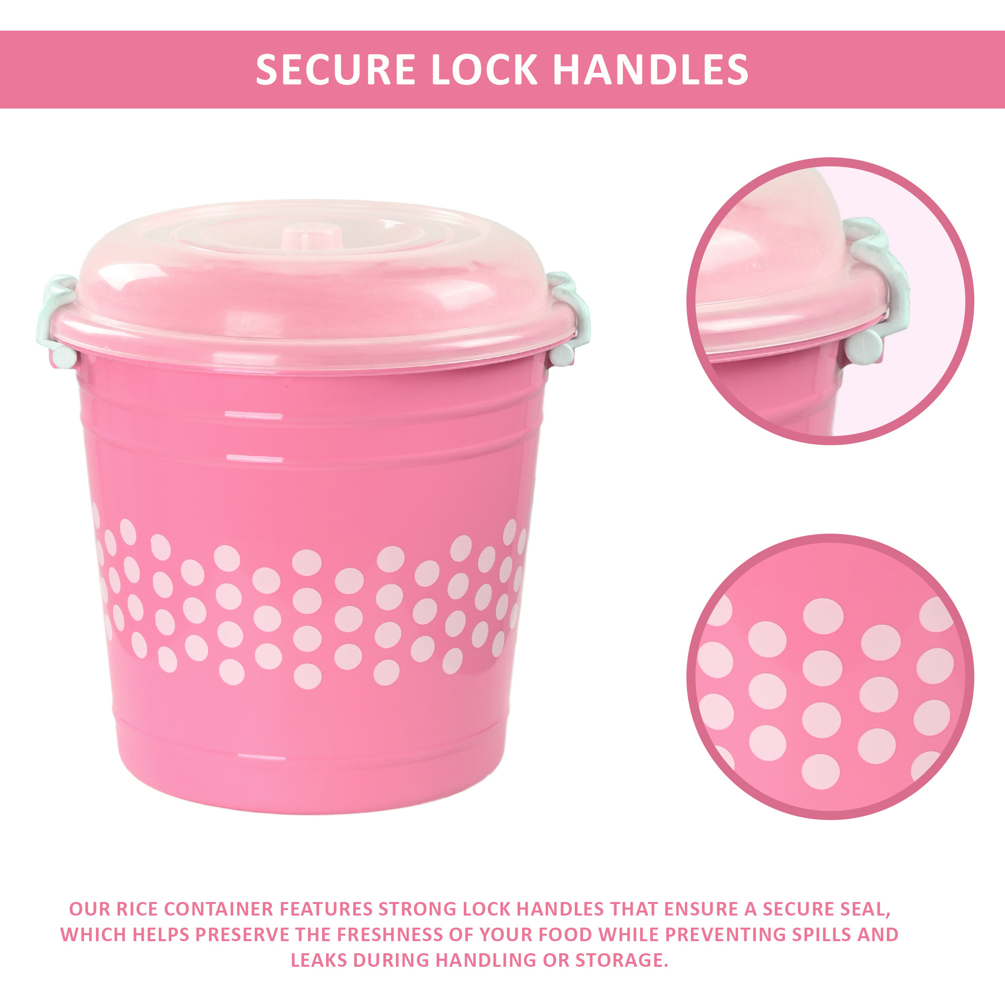 Kuber Industries 16 Liter Durable Big Plastic Containers for Storage with Lid  Lock Handle  Grocery Storage Box for Grains Rice Flour Pulses  Kitchen Essentials  Polka Dot - Pink