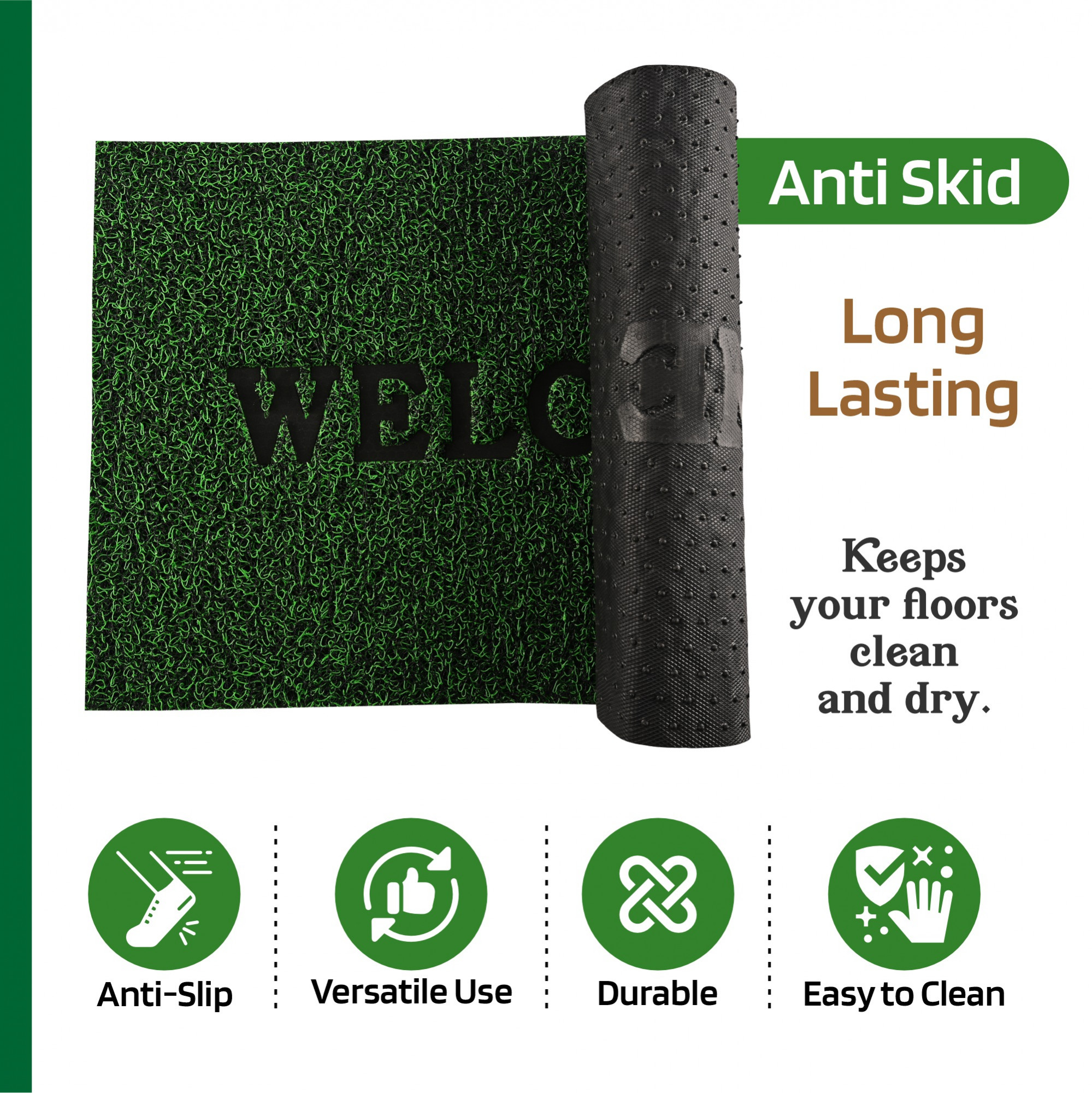 Kuber Industries 16x24 Inch Anti-Slip Welcome Print Grass Door Mats for Home Durable Main Entrance Footmats for Bathroom Living Room  Office  Grass Cut - Green