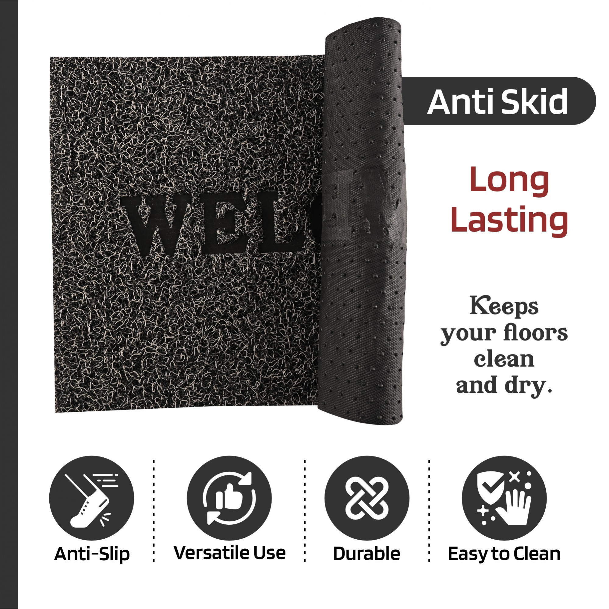 Kuber Industries 16x24 Inch Anti-Slip Welcome Print Grass Door Mats for Home Durable Main Entrance Footmats for Bathroom Living Room  Office  Grass Cut - Grey