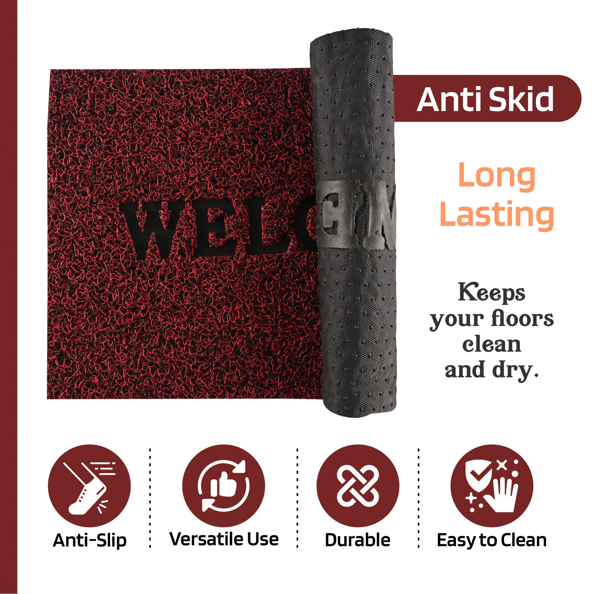 Kuber Industries 16x24 Inch Anti-Slip Welcome Print Grass Door Mats for Home Durable Main Entrance Footmats for Bathroom Living Room  Office  Grass Cut - Red