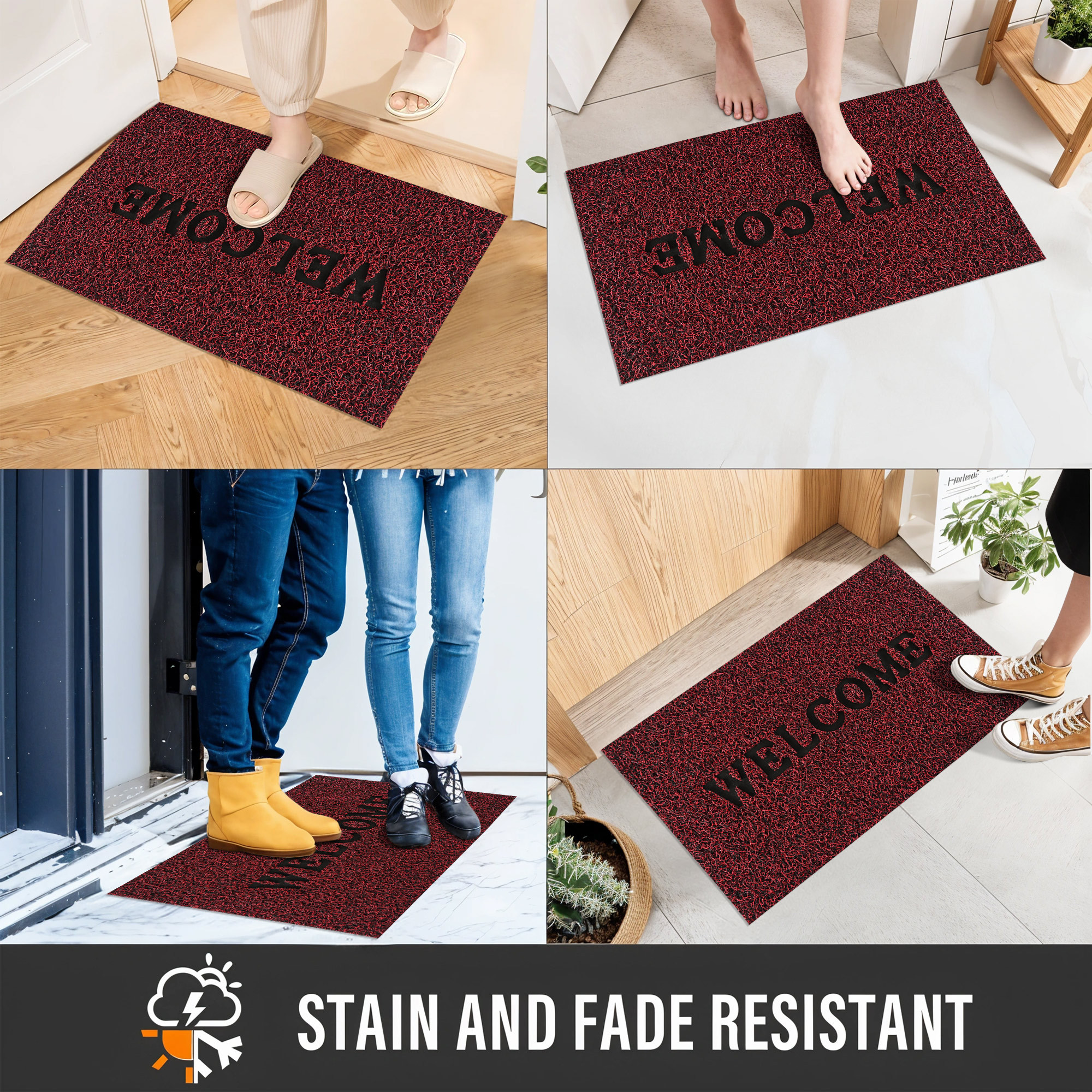 Kuber Industries 16x24 Inch Anti-Slip Welcome Print Grass Door Mats for Home Durable Main Entrance Footmats for Bathroom Living Room  Office  Grass Cut - Red