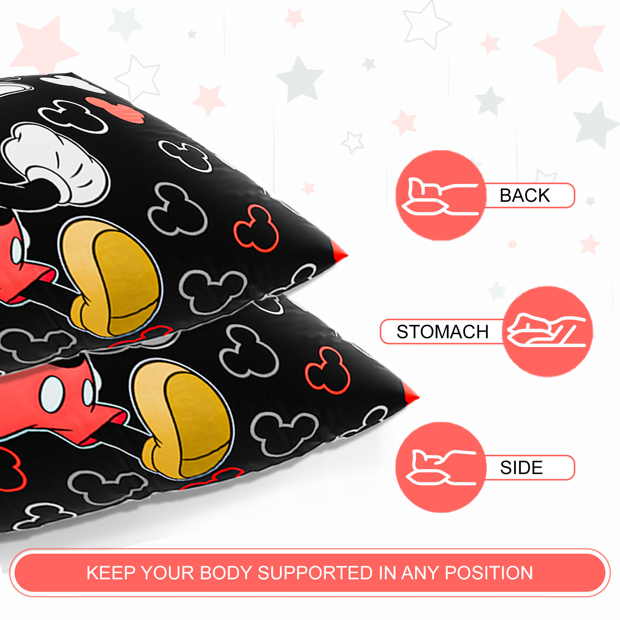 Kuber Industries 16x24 Inch Microfiber Pillows for Bed  Washable  Neck Support Soft Pillow for Sleeping Bedroom and Living Room  Disney Print - Black