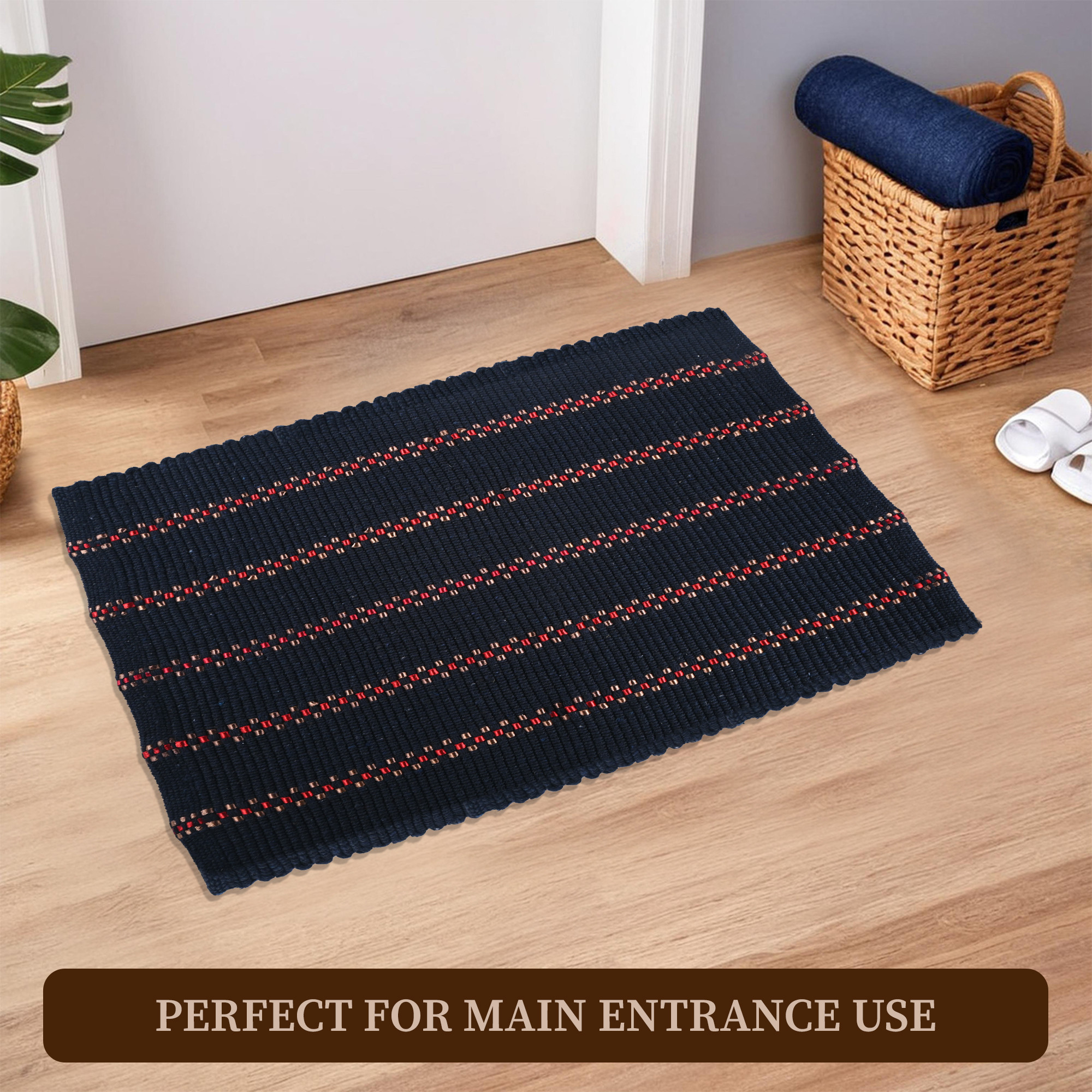 Kuber Industries 16x24 Inch Soft Bathroom Door Mats  Water Soaking Paydan  Footmats for Home  Cotton Floor Mats  Shower Mats for Washroom  Silver Lining - Navy Blue