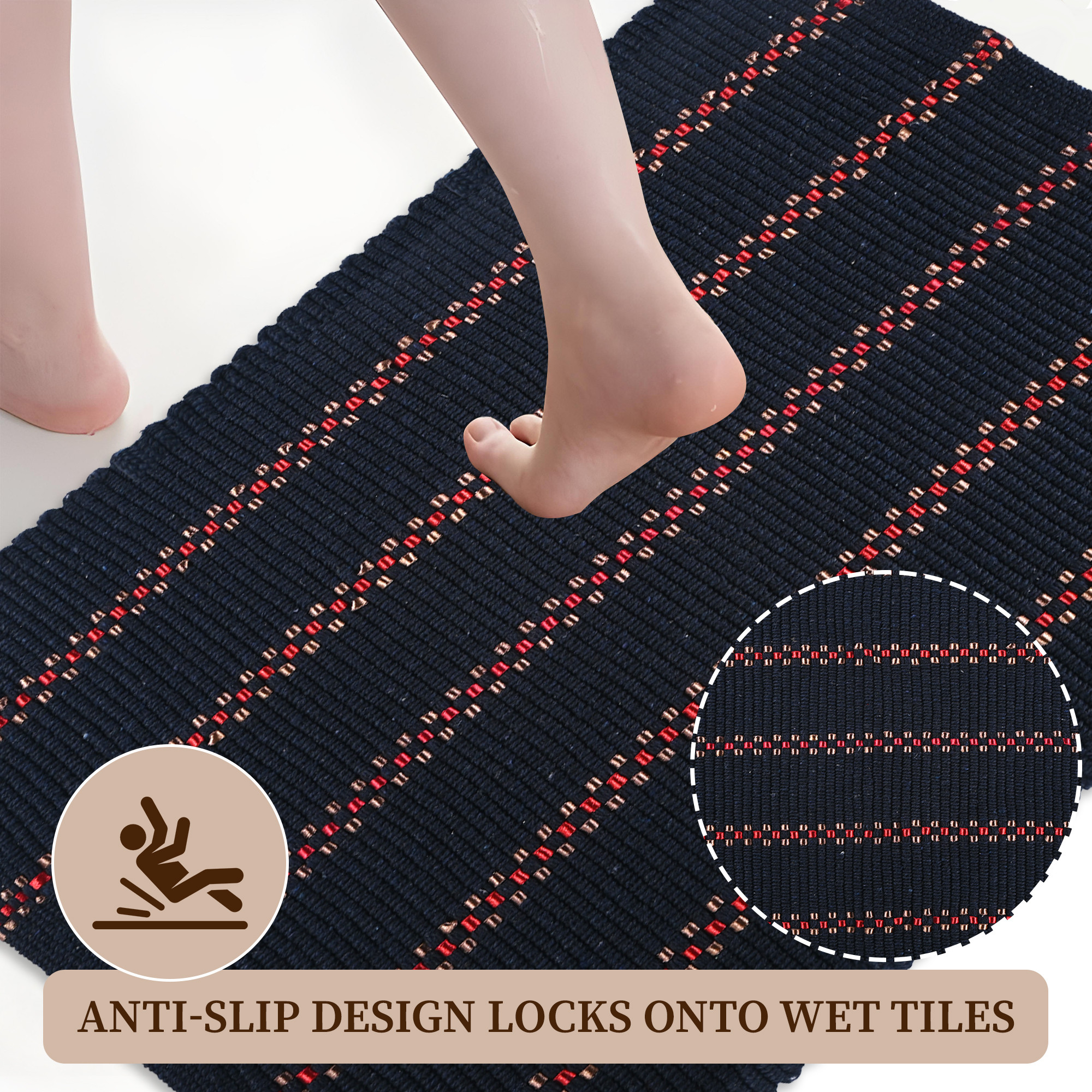 Kuber Industries 16x24 Inch Soft Bathroom Door Mats  Water Soaking Paydan  Footmats for Home  Cotton Floor Mats  Shower Mats for Washroom  Silver Lining - Navy Blue