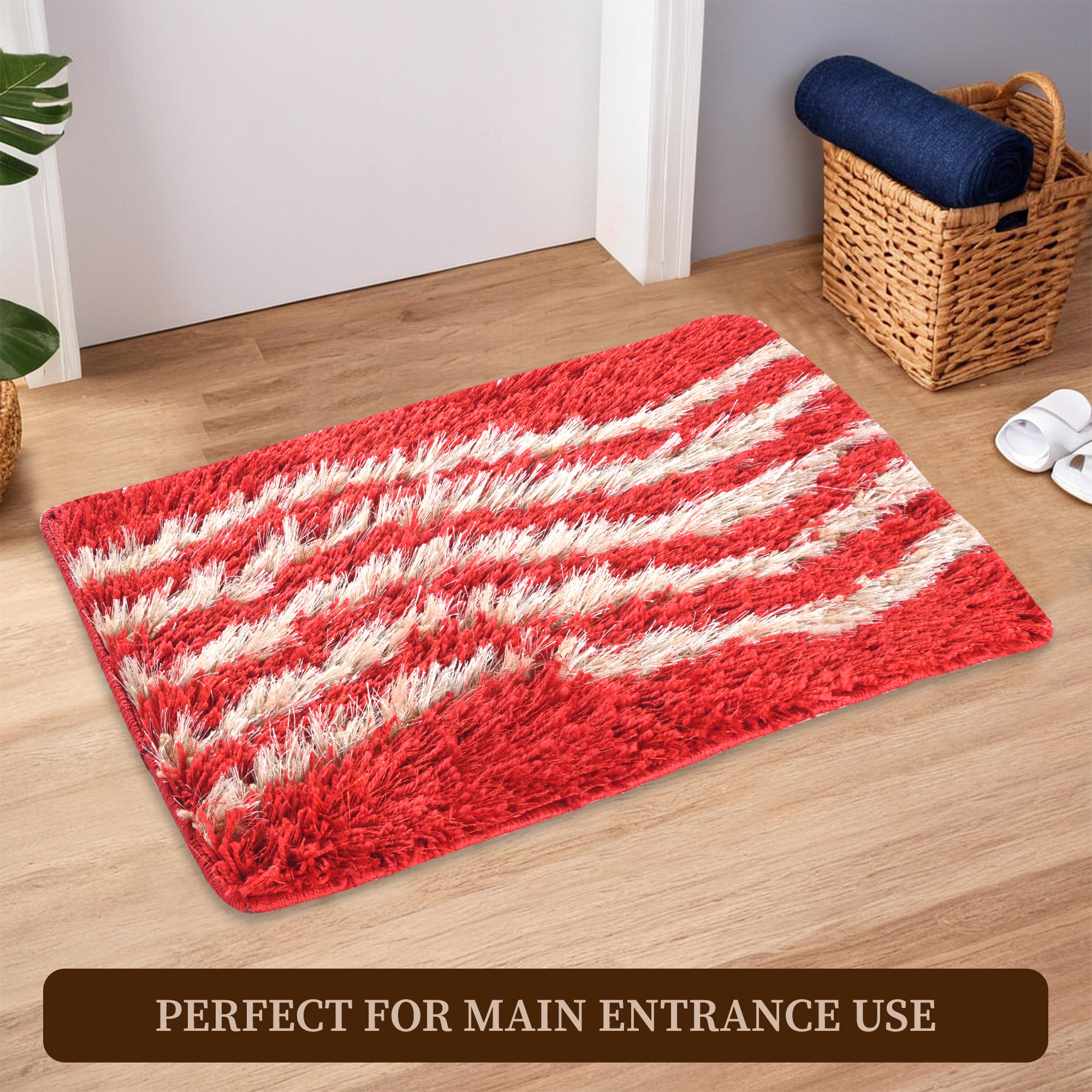 Kuber Industries 16x24 Inch Super Soft Bathroom Door Mats  Water Soaking Paydan  Footmats for Home  Cotton Fur Floor Mats  Shower Mats for Washroom  Stripes Print -  Cream  Red