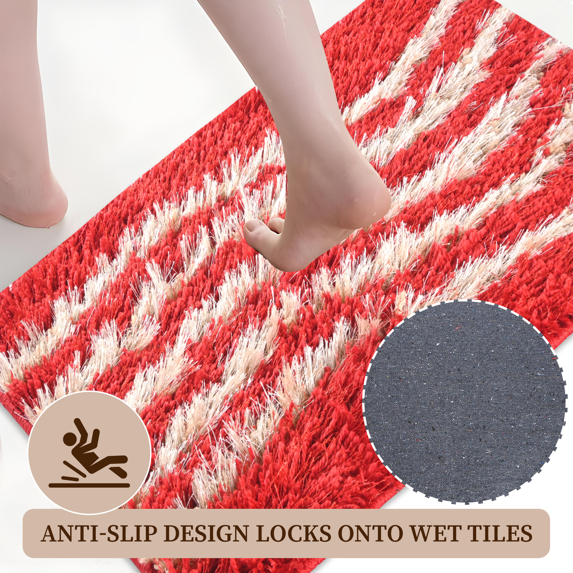 Kuber Industries 16x24 Inch Super Soft Bathroom Door Mats  Water Soaking Paydan  Footmats for Home  Cotton Fur Floor Mats  Shower Mats for Washroom  Stripes Print -  Cream  Red
