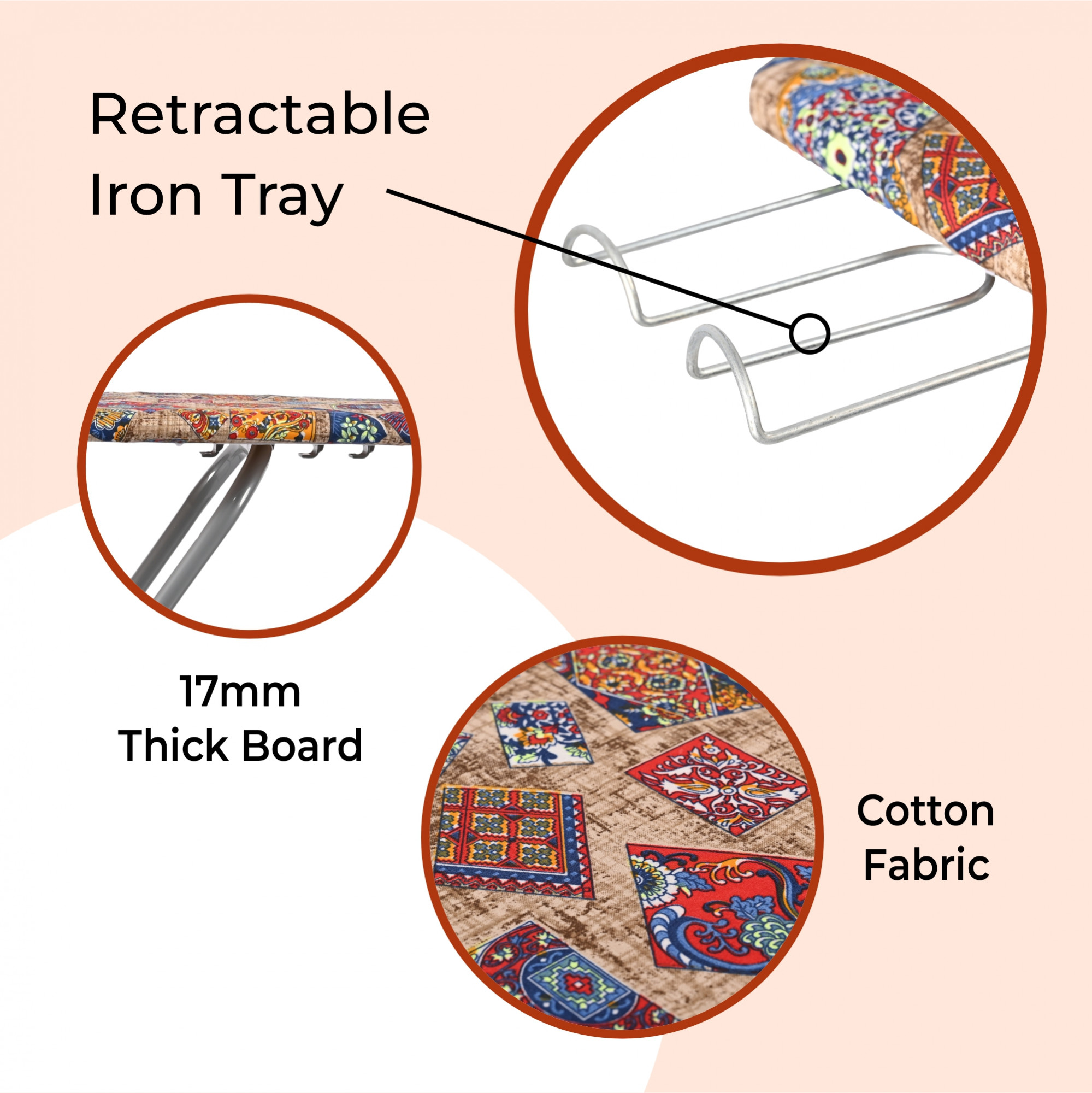 Kuber Industries 18 Inch Foldable  Height Adjustable Press Board Iron Stand with Heat Resistant HolderTray for Home  Anti Skid Press Table for Clothes  Mix Vintage- Cream