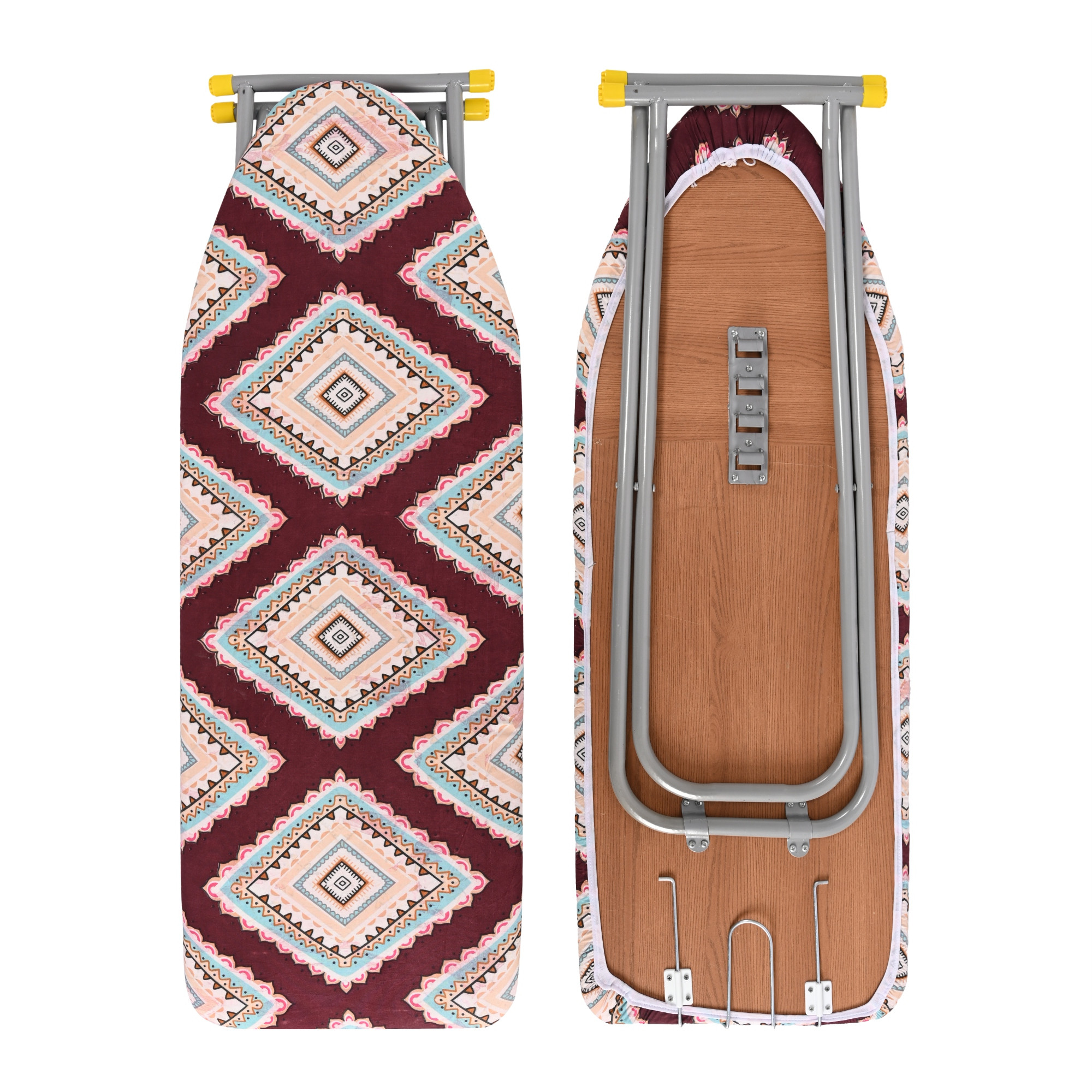 Kuber Industries 18 Inch Foldable  Height Adjustable Press Board Iron Stand with Heat Resistant HolderTray for Home  Anti Skid Press Table for Clothes  Diamond Print- Red  Cream