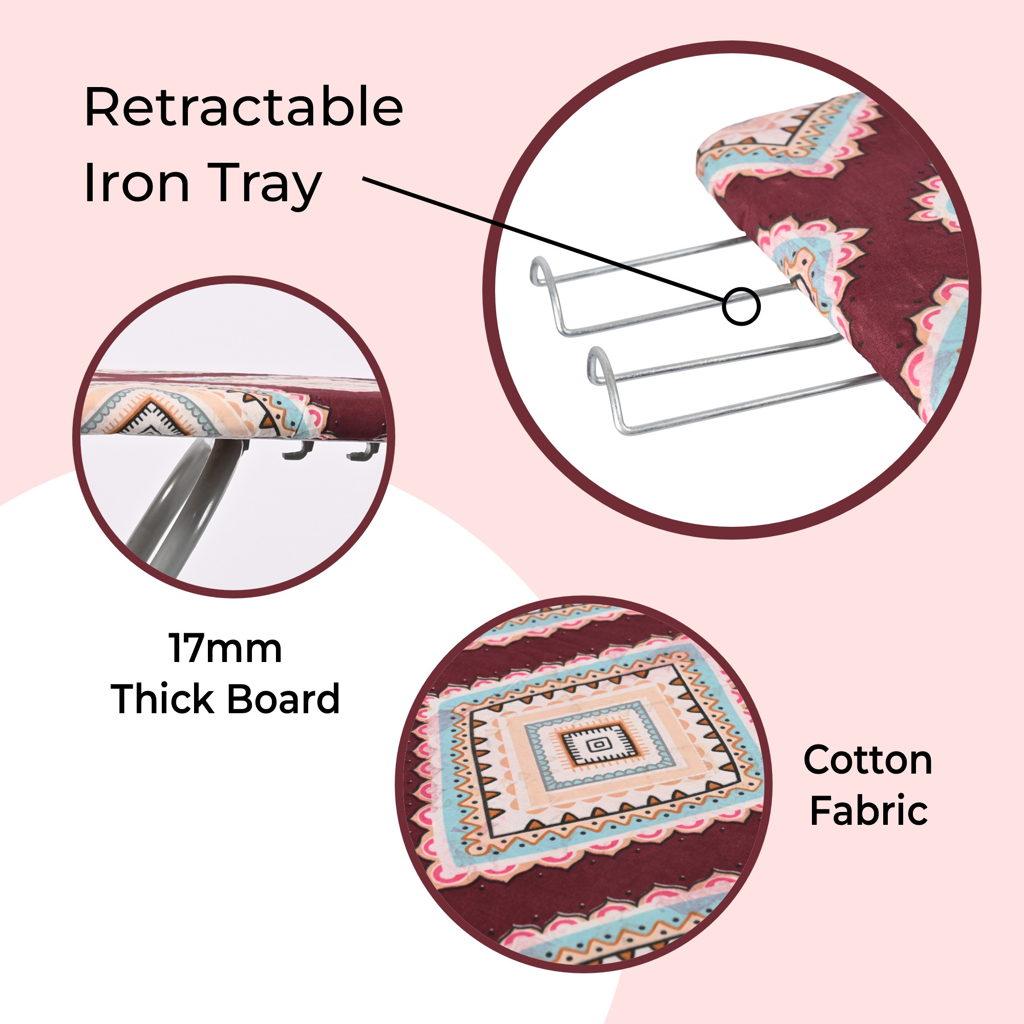 Kuber Industries 18 Inch Foldable  Height Adjustable Press Board Iron Stand with Heat Resistant HolderTray for Home  Anti Skid Press Table for Clothes  Diamond Print- Red  Cream