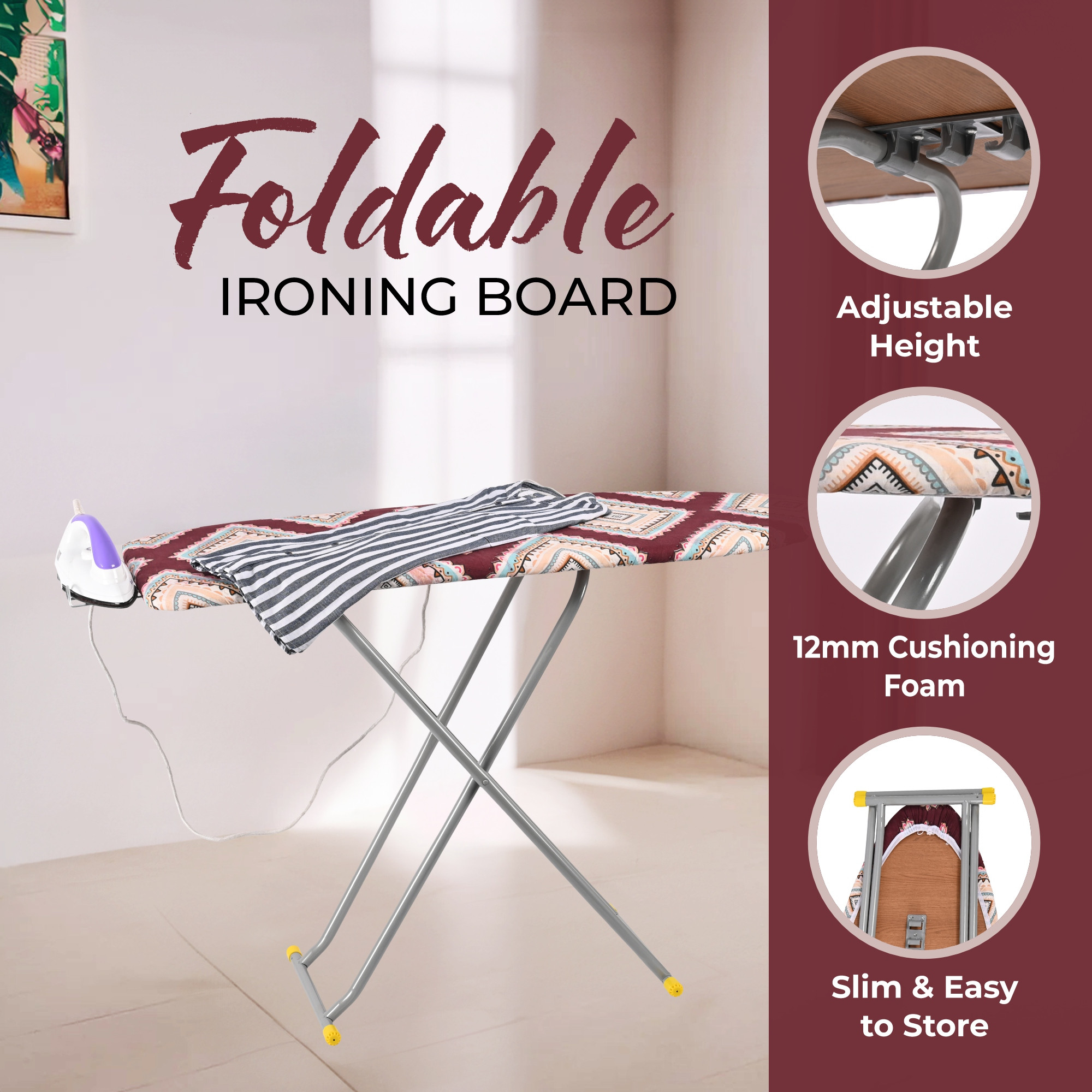 Kuber Industries 18 Inch Foldable  Height Adjustable Press Board Iron Stand with Heat Resistant HolderTray for Home  Anti Skid Press Table for Clothes  Diamond Print- Red  Cream