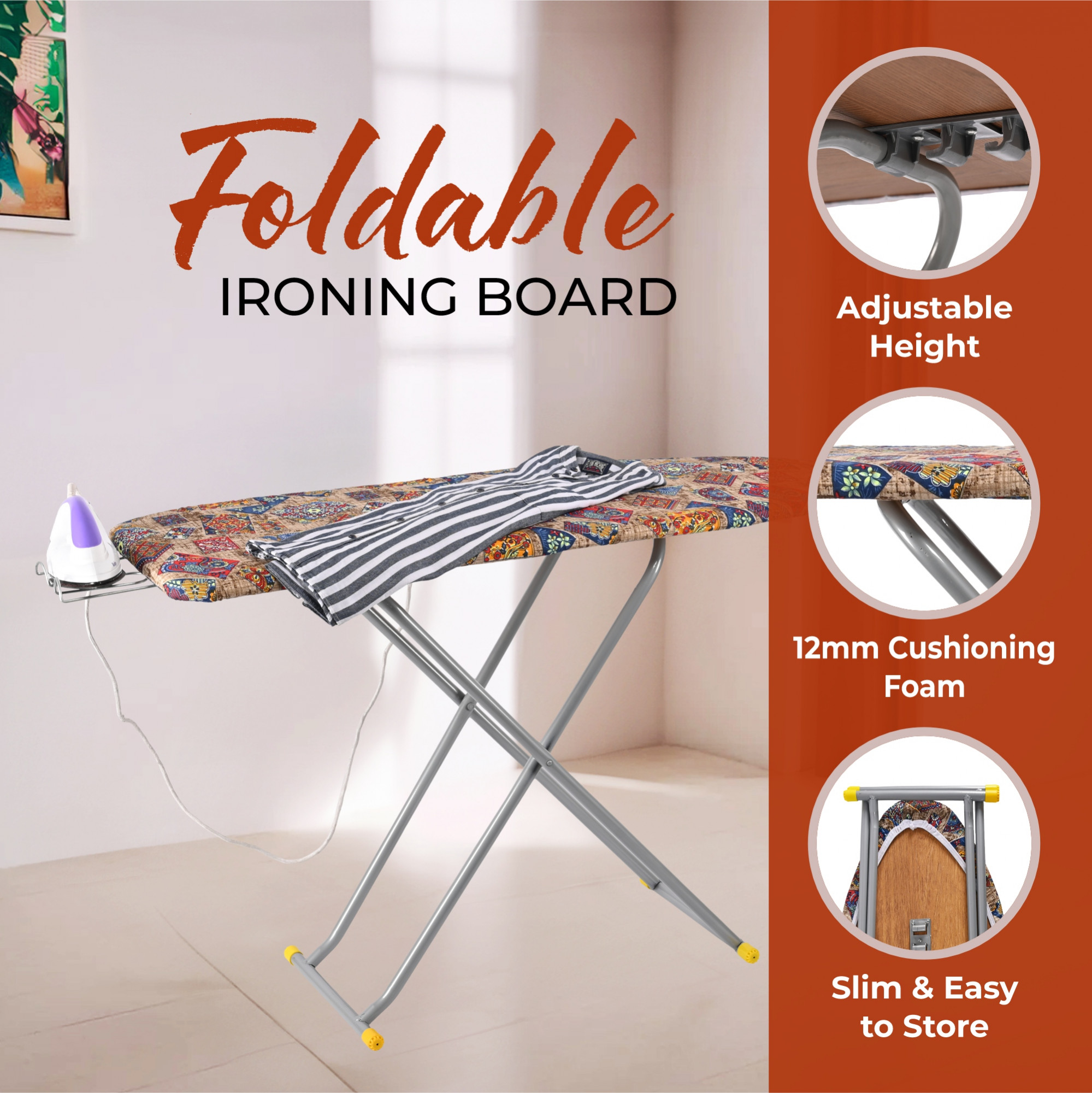 Kuber Industries 18 Inch Foldable  Height Adjustable Press Board Iron Stand with Heat Resistant HolderTray for Home  Anti Skid Press Table for Clothes  Mix Vintage- Cream