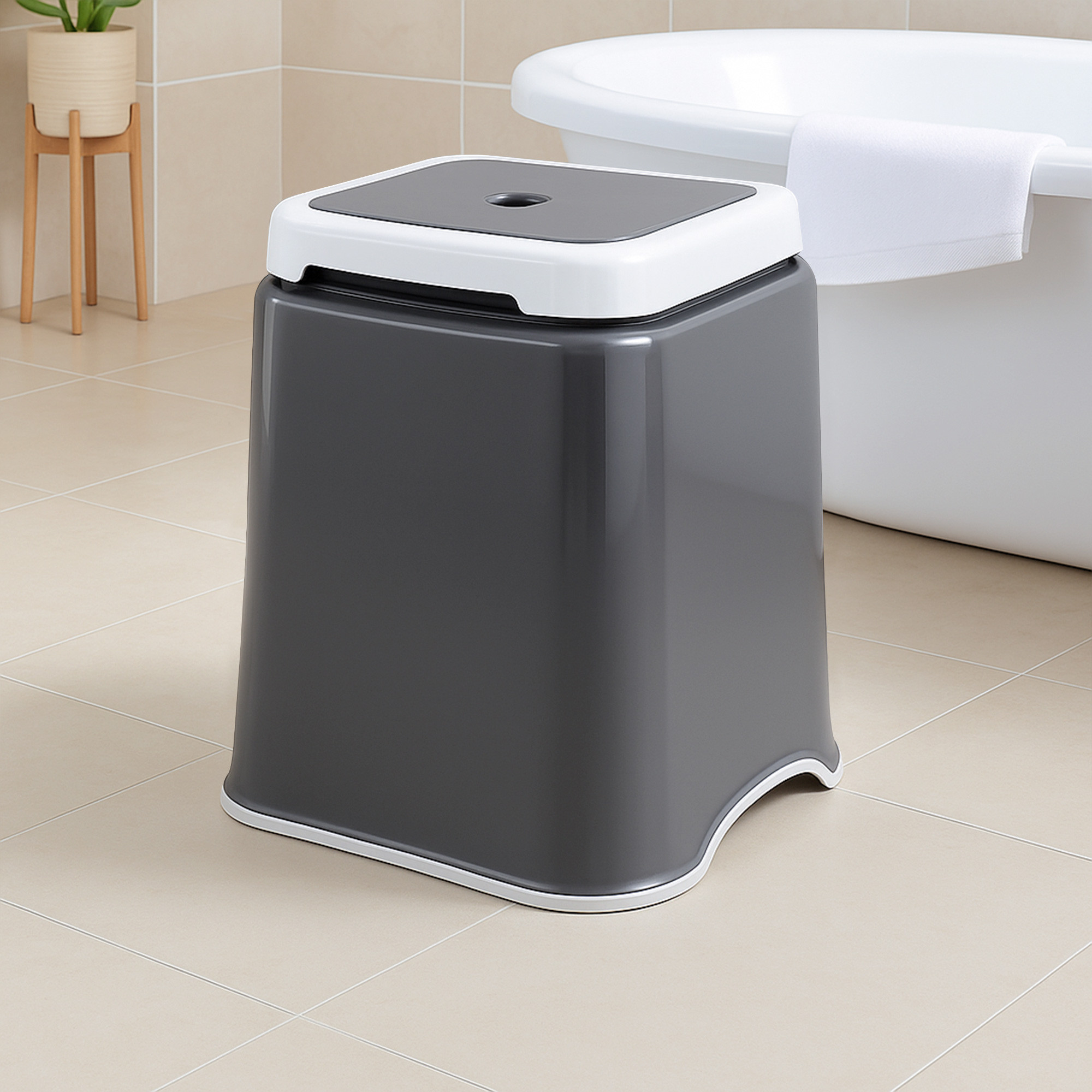 Kuber Industries 18 Inch Heavy Duty Plastic Stool for Sitting  Bathing  Strong and Durable Anti-Slip Stool Senior Citizen Support Indoor  Outdoor  Multiple Space Use HomeGardenBathroom  Grey  White