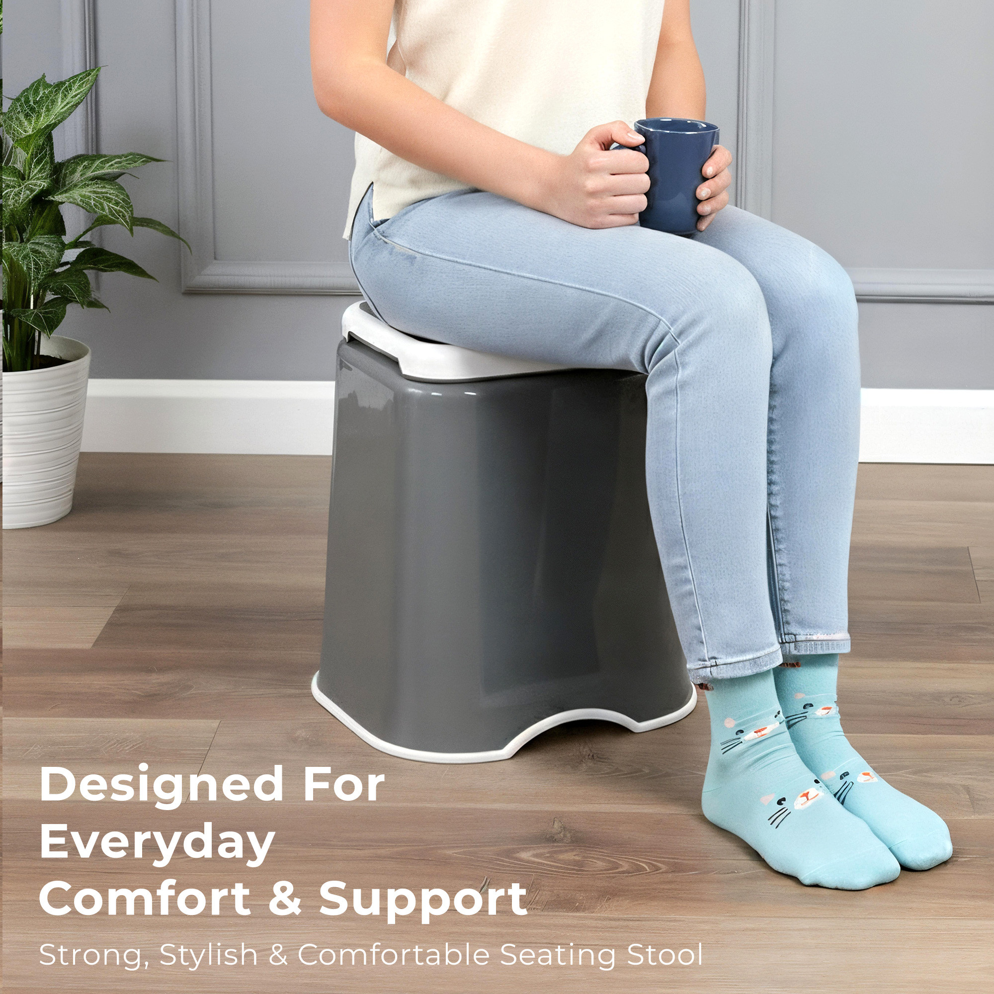 Kuber Industries 18 Inch Heavy Duty Plastic Stool for Sitting  Bathing  Strong and Durable Anti-Slip Stool Senior Citizen Support Indoor  Outdoor  Multiple Space Use HomeGardenBathroom  Grey  White