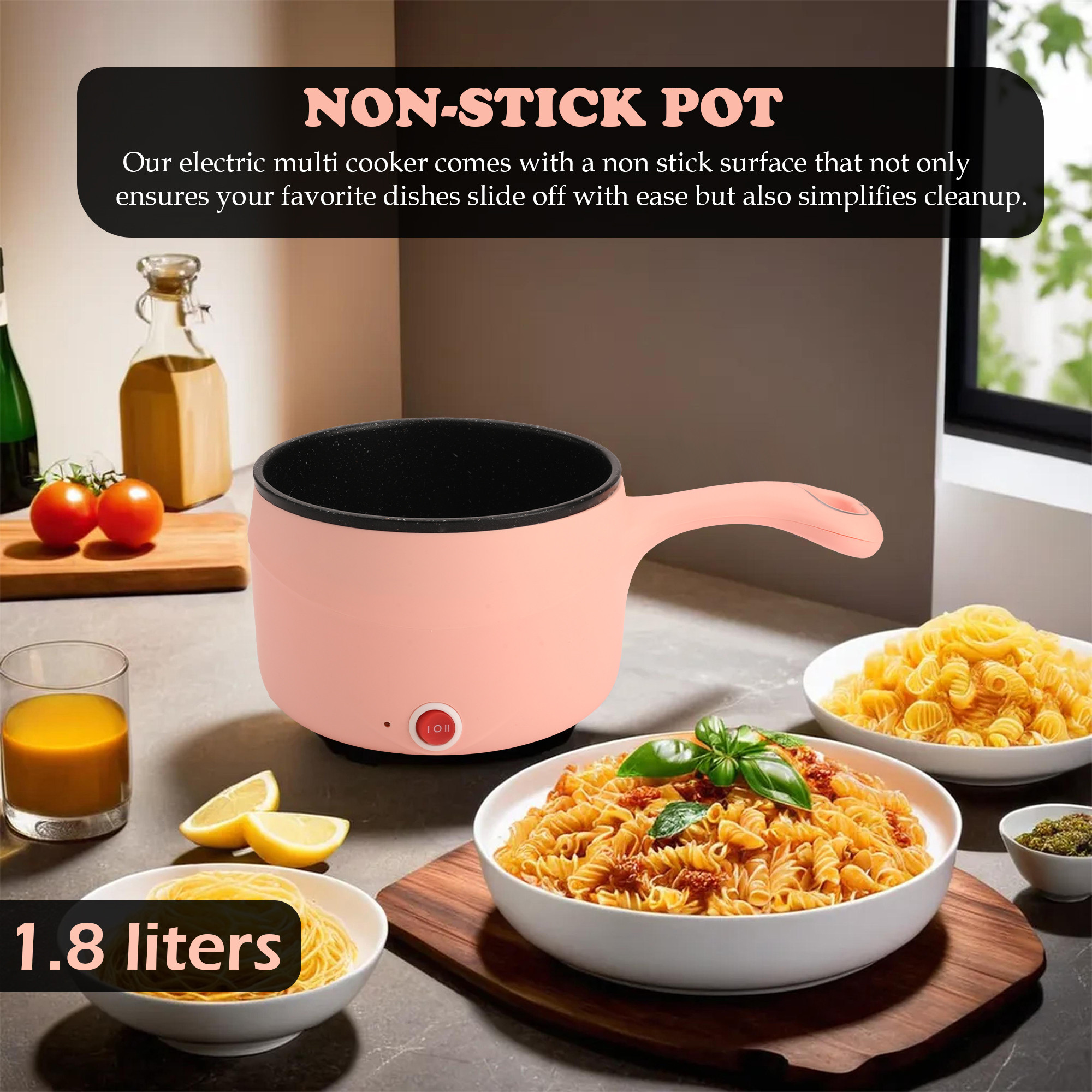 Kuber Industries 18 Liters 450W Electric Multi Cooker Electric Kettle  Non-stick  Electric Pot for Cooking Rice Pasta Noodles Steak Eggs Boiling water  Power Control  Peach