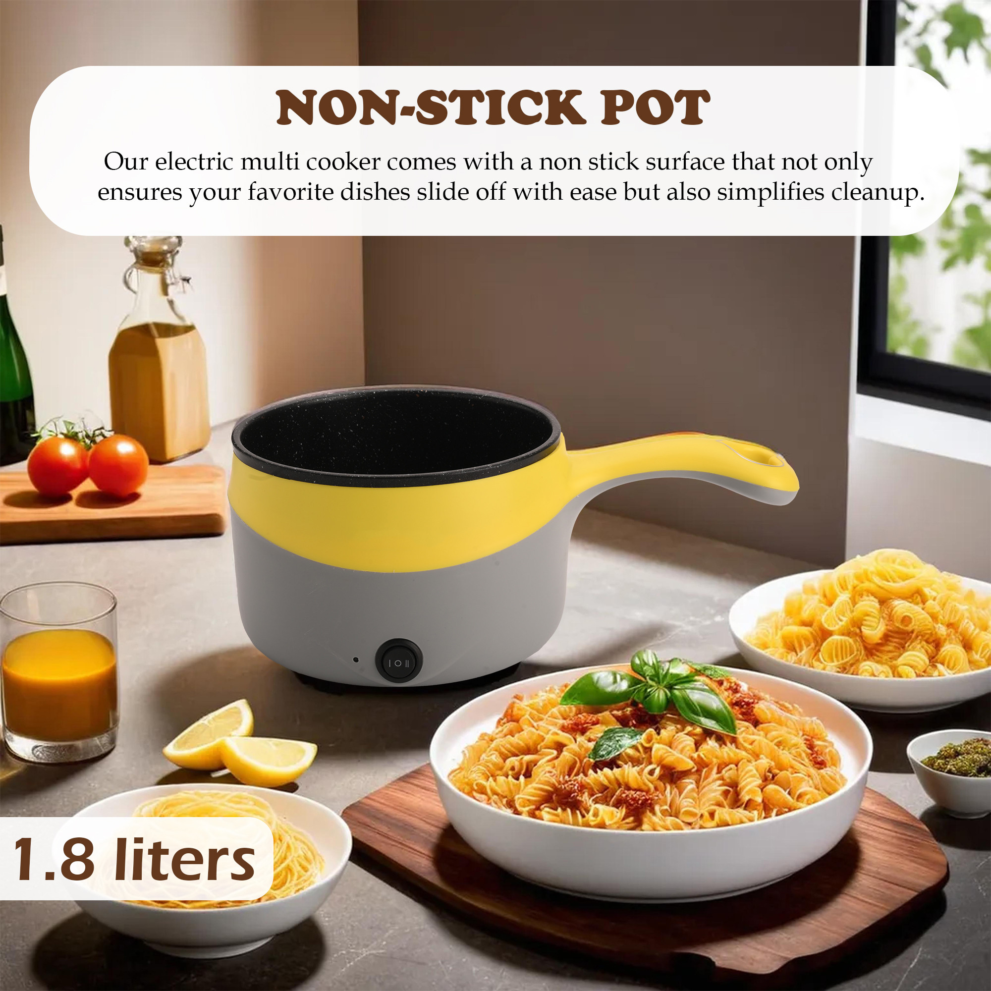 Kuber Industries 18 Liters 450W Electric Multi Cooker Electric Kettle  Non-stick  Electric Pot for Cooking Rice Pasta Noodles Steak Eggs Boiling water  Power Control  Yellow