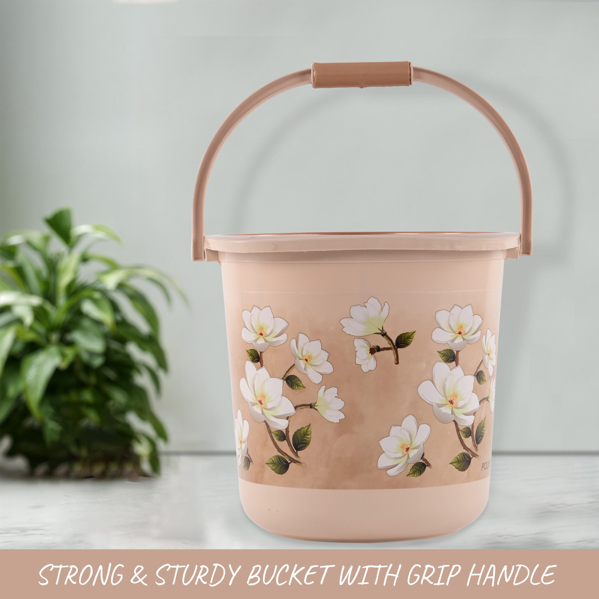 Kuber Industries 18 Ltr Plastic Bucket for Bathroom  Sturdy and Easy Grip Handle  Big Bucket for Bathing  Water Storage Bucket for Home  Bathroom BucketShower  Floral Print - Brown