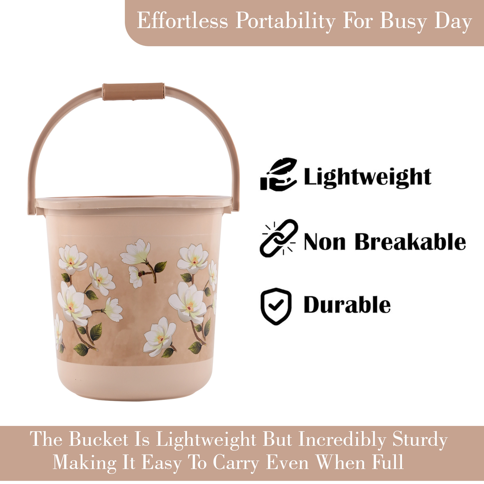 Kuber Industries 18 Ltr Plastic Bucket for Bathroom  Sturdy and Easy Grip Handle  Big Bucket for Bathing  Water Storage Bucket for Home  Bathroom BucketShower  Floral Print - Brown