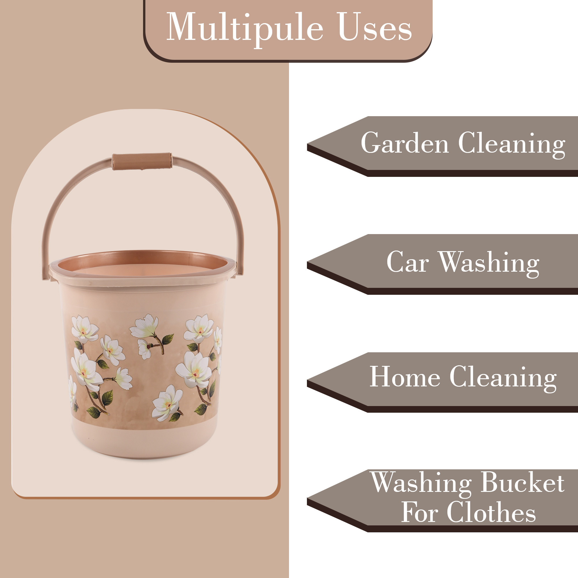 Kuber Industries 18 Ltr Plastic Bucket for Bathroom  Sturdy and Easy Grip Handle  Big Bucket for Bathing  Water Storage Bucket for Home  Bathroom BucketShower  Floral Print - Brown