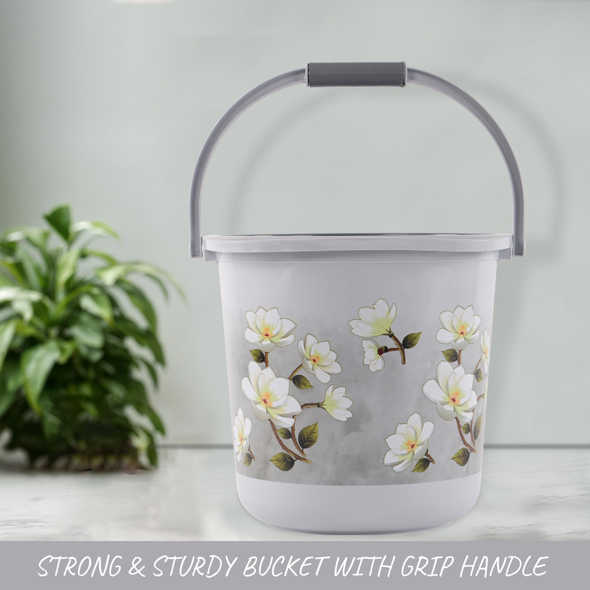 Kuber Industries 18 Ltr Plastic Bucket for Bathroom  Sturdy and Easy Grip Handle  Big Bucket for Bathing  Water Storage Bucket for Home  Bathroom BucketShower  Floral Print - Grey