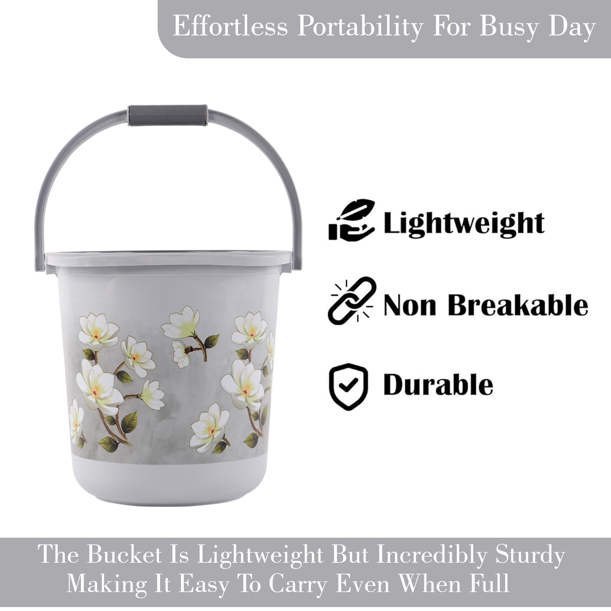 Kuber Industries 18 Ltr Plastic Bucket for Bathroom  Sturdy and Easy Grip Handle  Big Bucket for Bathing  Water Storage Bucket for Home  Bathroom BucketShower  Floral Print - Grey