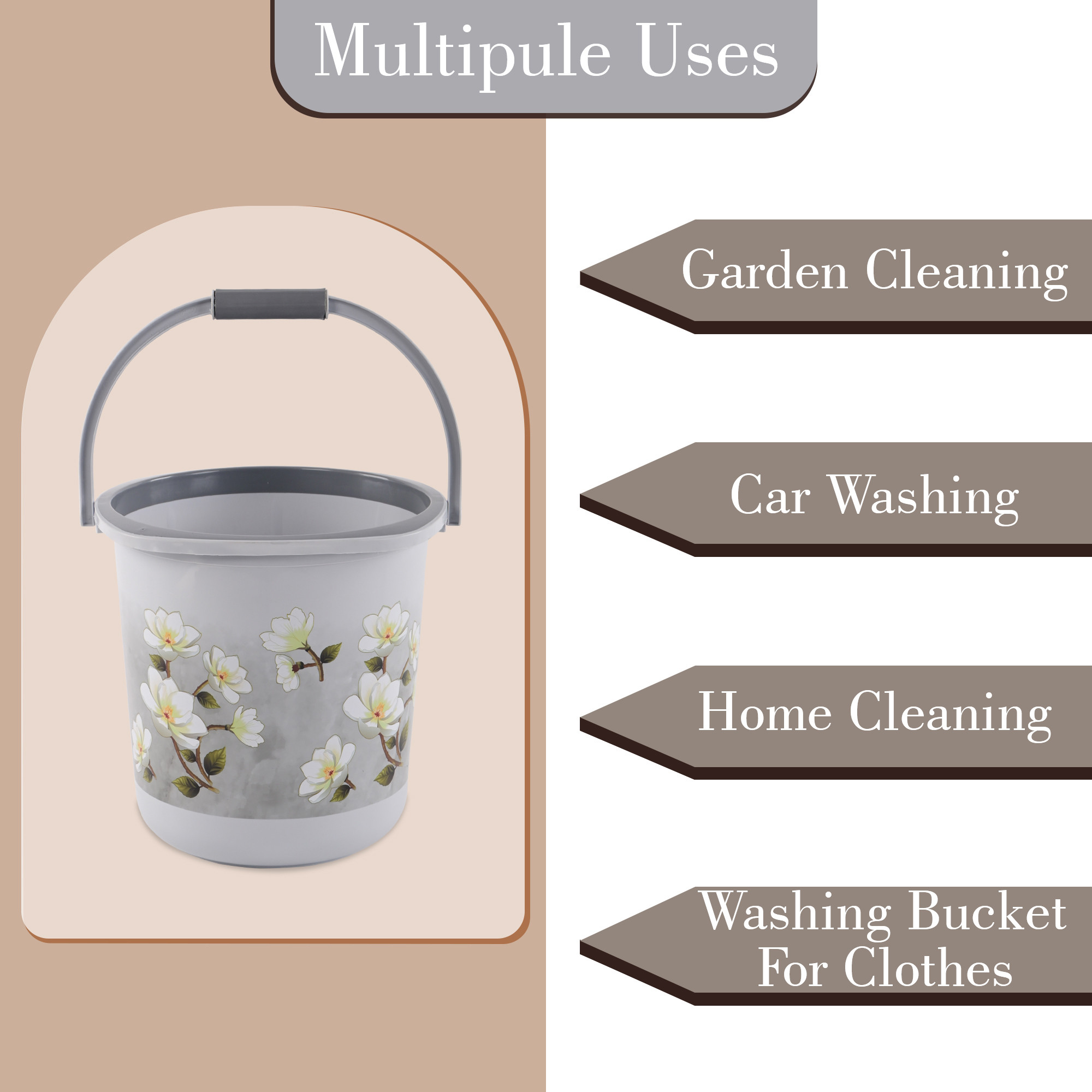 Kuber Industries 18 Ltr Plastic Bucket for Bathroom  Sturdy and Easy Grip Handle  Big Bucket for Bathing  Water Storage Bucket for Home  Bathroom BucketShower  Floral Print - Grey