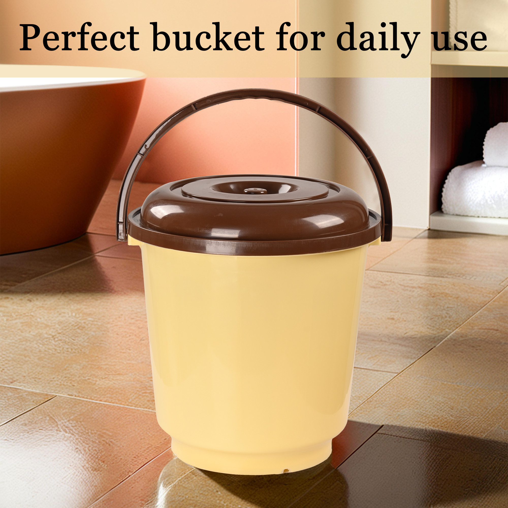 Kuber Industries 18L Bucket for Bathroom Kitchen  Home with Lid  Carry Handle  Portable Storage Container Hot  Cold Water BucketBalti for Cleaning  Cream-Brown