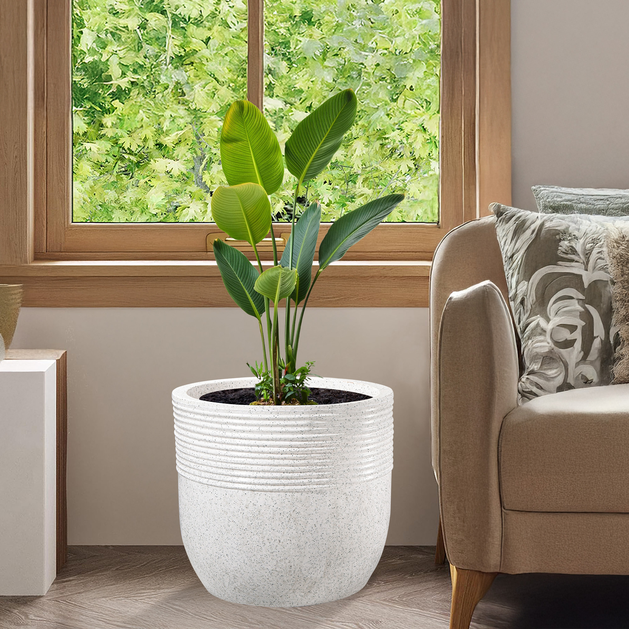 Kuber Industries 19-Inch Roto Mould German Polymer Extra Large Big Size Flower Pot  IndoorOutdoor Tree Gamla Planter for Living Room Resorts Hotels Terrace  Garden  Marble Sunshine - White