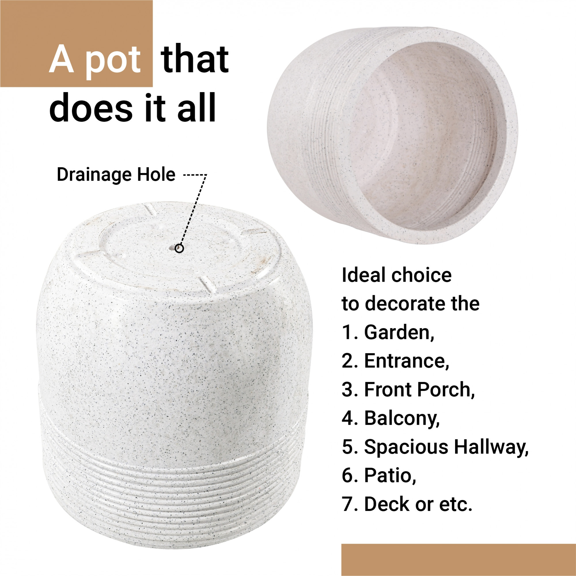 Kuber Industries 19-Inch Roto Mould German Polymer Extra Large Big Size Flower Pot  IndoorOutdoor Tree Gamla Planter for Living Room Resorts Hotels Terrace  Garden  Marble Sunshine - White