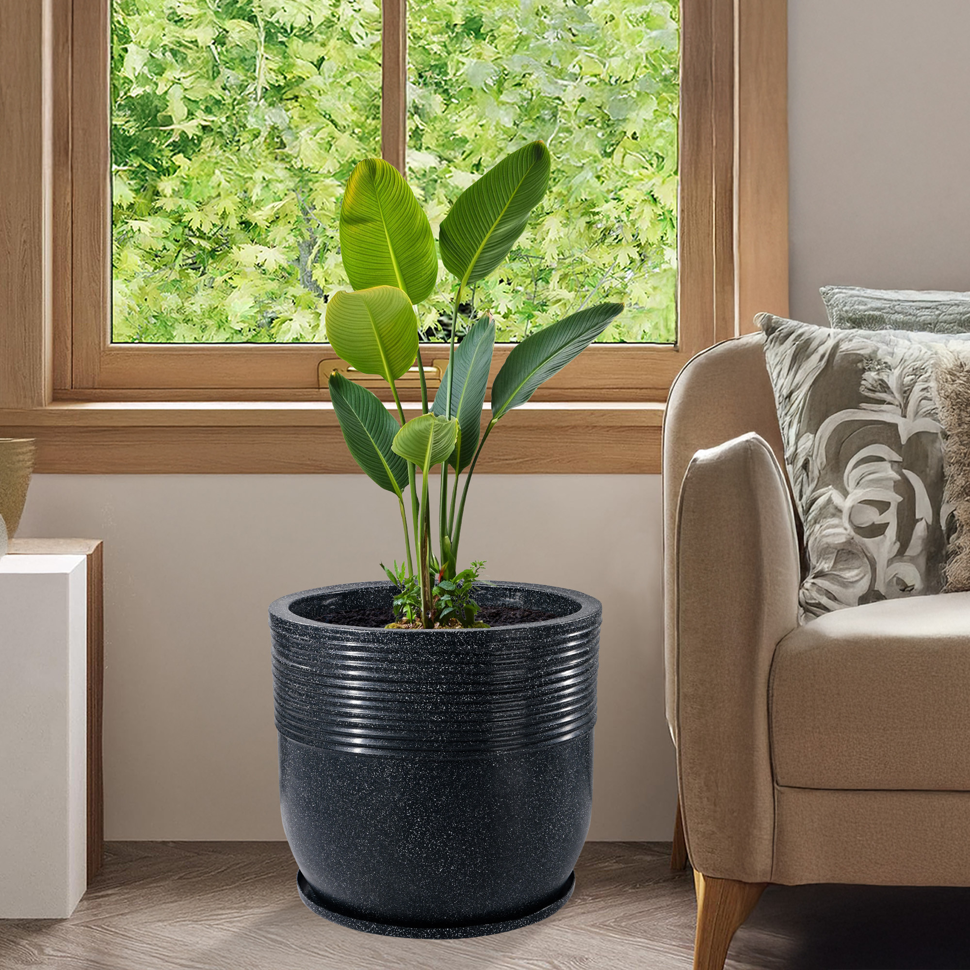 Kuber Industries 19-Inch Roto Mould German Polymer Extra Large Big Size Flower Pot  IndoorOutdoor Tree Gamla Planter for Living Room Resorts Hotels Terrace  Garden  Marble Sunshine - Black