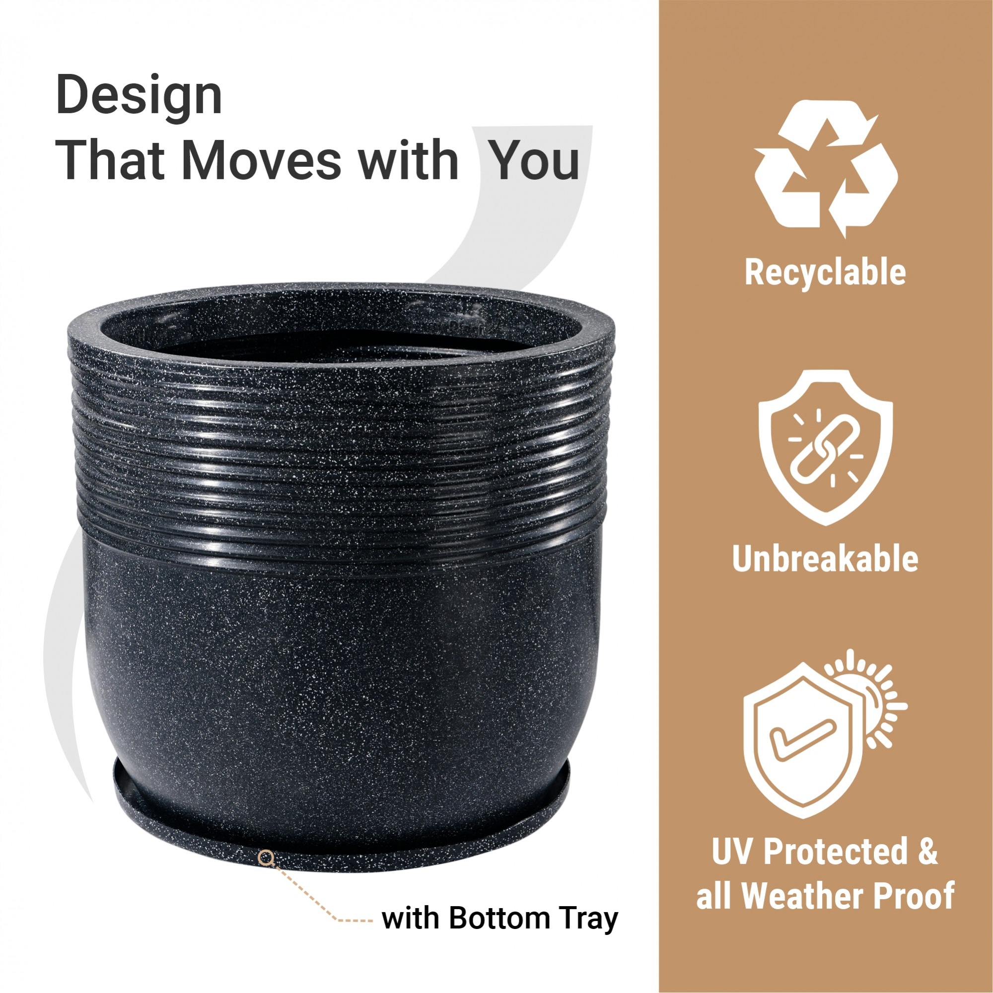 Kuber Industries 19-Inch Roto Mould German Polymer Extra Large Big Size Flower Pot  IndoorOutdoor Tree Gamla Planter for Living Room Resorts Hotels Terrace  Garden  Marble Sunshine - Black